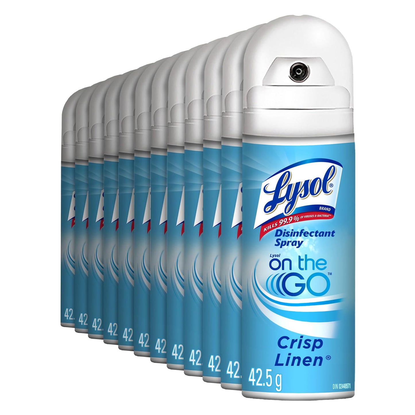 Lysol On the Go Disinfectant Spray, Kills 99.9% of Germs on Hard Surfaces & Fabrics, Eliminates Odours, Crisp Linen Scent, 12 x 42.5 g Cans (510 g Total)