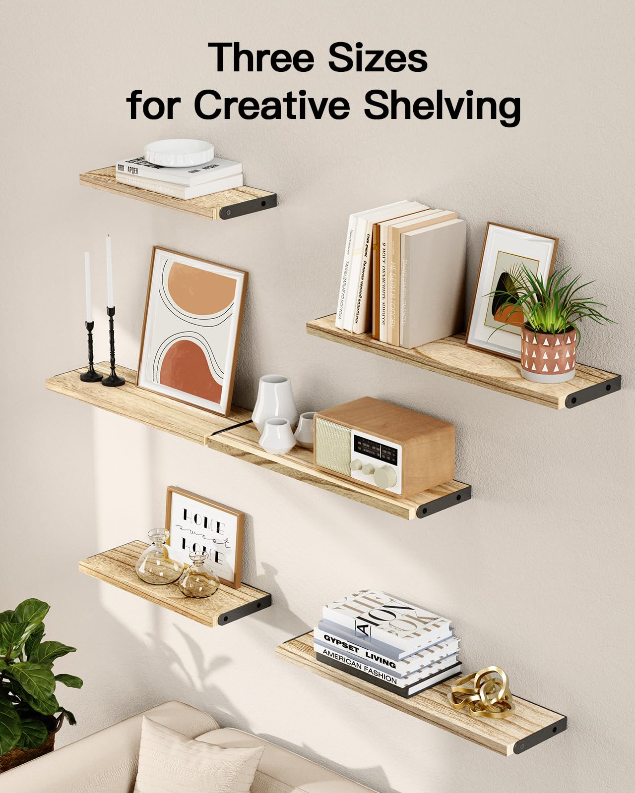 AMADA HOMEFURNISHING Wall Shelves Set of 6, Wood Floating Shelves for Wall Decor, Rustic Farmhouse Floating Shelf for Bedroom, Wall Shelf for Bathroom Storage, Book Shelves for Living Room