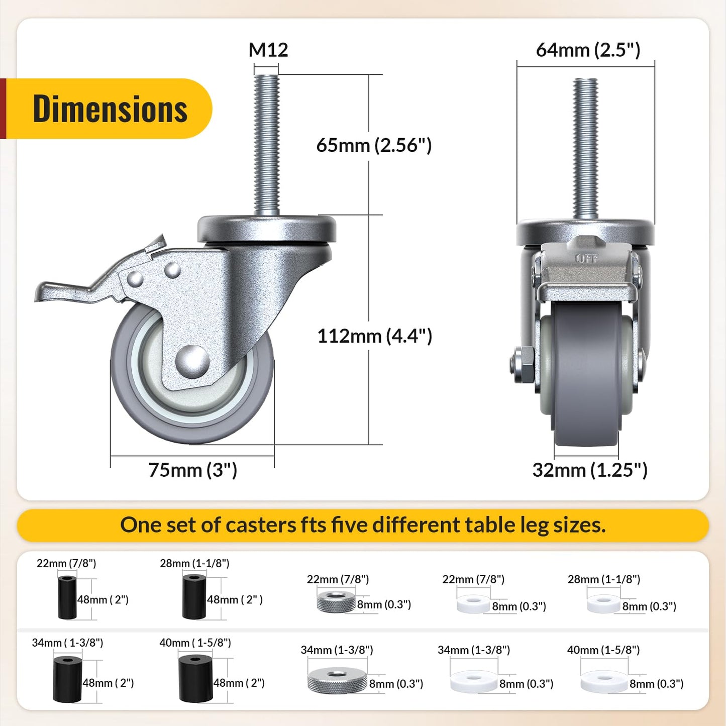 HOLKIE Caster Wheels Locking 3 Inch Expanding Stem Casters, Threaded Swivel Casters Set of 4 Heavy Duty Castors, Fit 1", 1-1/4", 1-2/5", 1-1/2",1-5/8" ID Stainless Steel Table, Cart, Furniture Legs