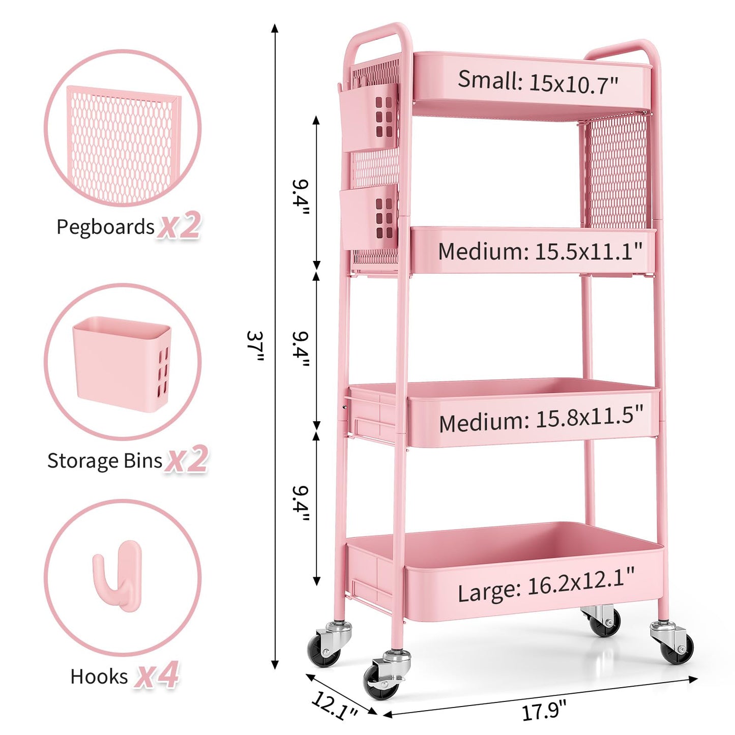 TOOLF 4 Tier Rolling Cart with Pegboard, Metal Storage Organizer Cart with Wheels, Hooks & Bins Esthetician Craft Art Sturdy Storage for Bathroom, Kitchen, Office, Nursery Diaper
