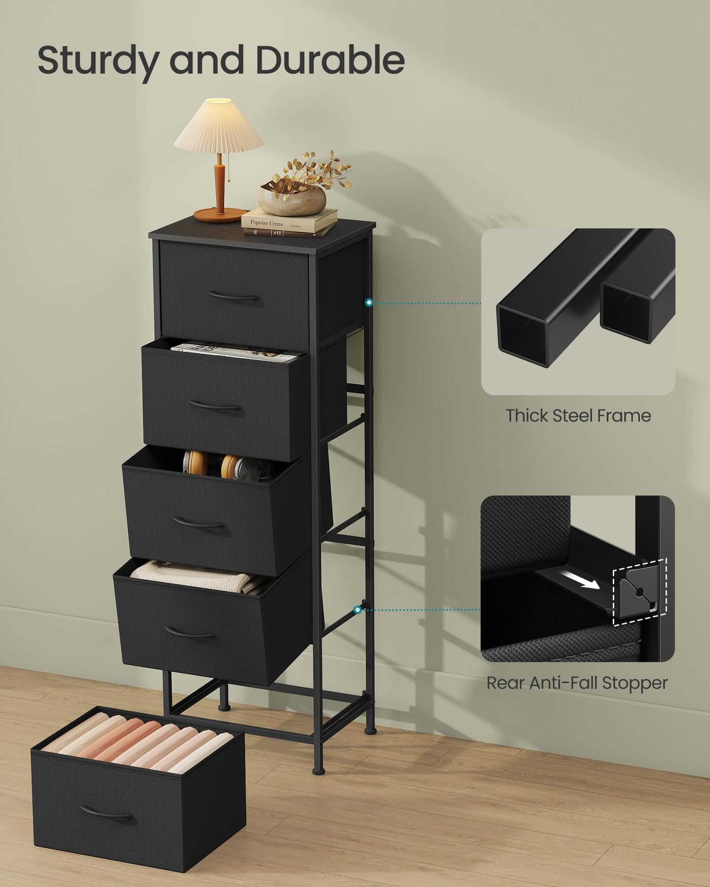 SONGMICS BELLAH Collection - Dresser for Bedroom, Chest of Drawers, Storage Organizer Unit, Closet, Entryway, Steel, 5 Drawers, Modern, Ink Black and Ebony Black ULGS315BH03