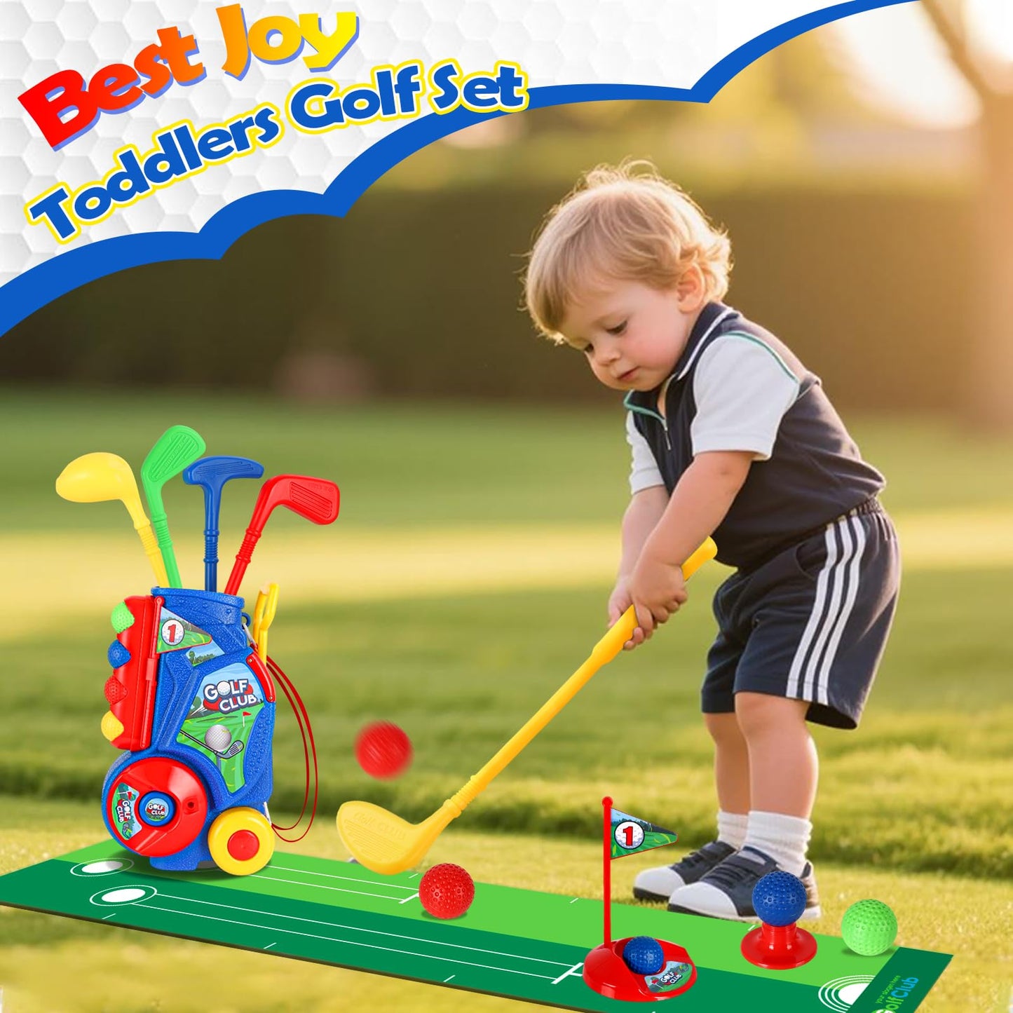 SUPER JOY Toddler Golf Set with Mat, Kids Golf Cart with 4 Clubs & 8 Balls, Indoor Outdoor Golf Toys for Boys Girls, Mini Golf Gifts for Baby 3-5 Years Old