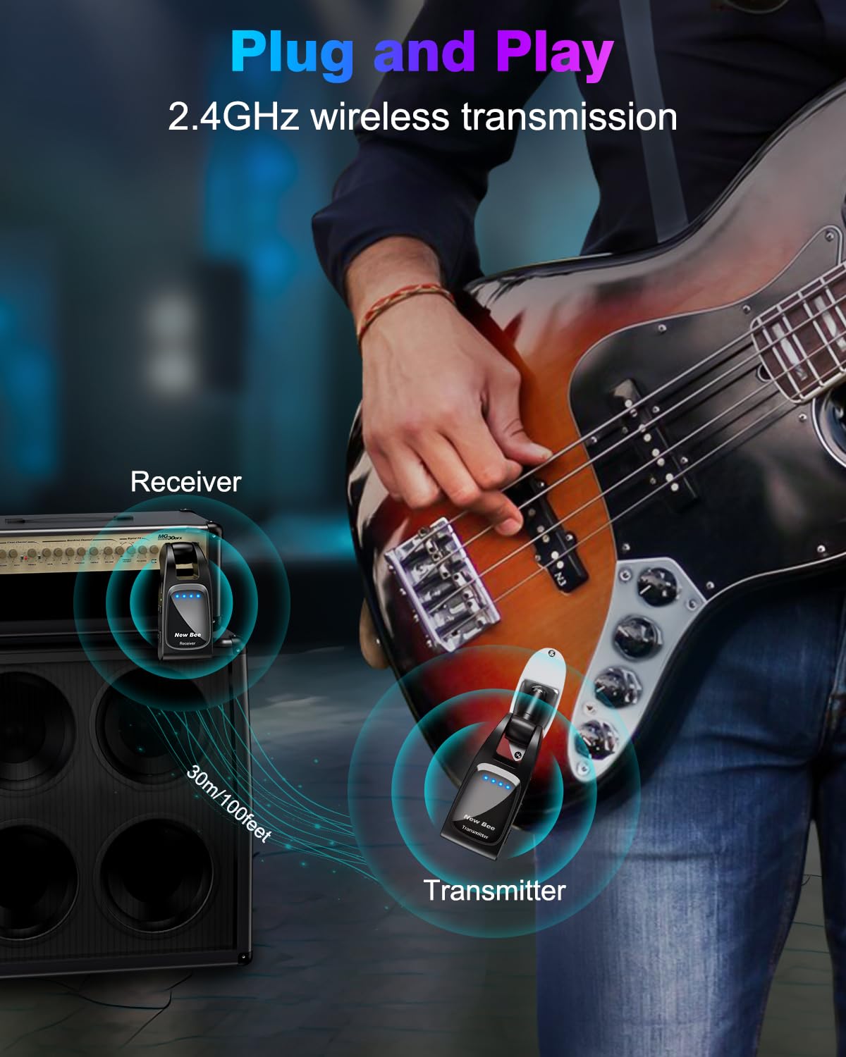 Wireless Guitar System 2.4GHz With 6 Channels Rechargeable Audio Transmitter Receiver for Bass Electric Instruments - Guitar Accessories