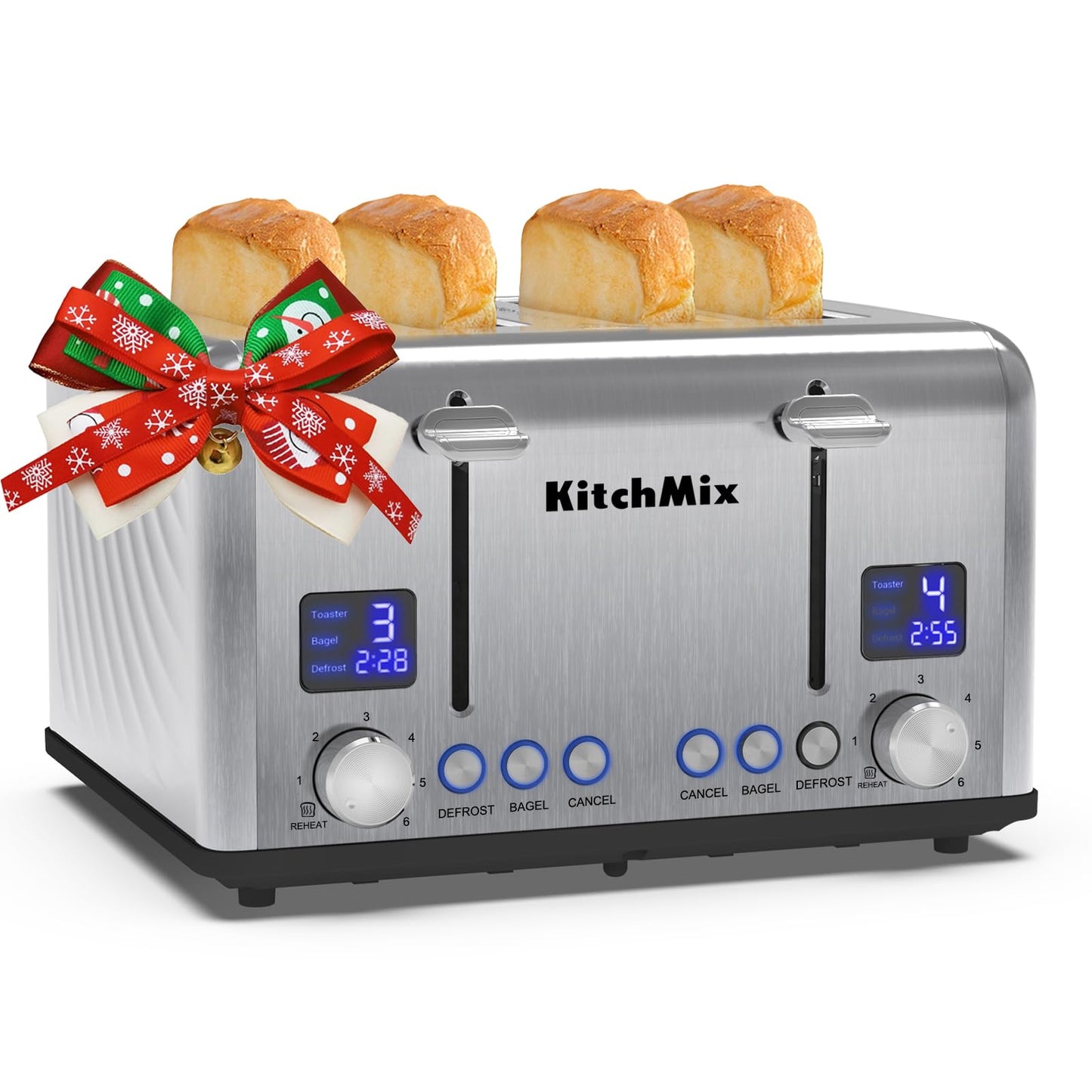 Toaster 4 Slice, Bagel Stainless Toaster with LCD Timer, Extra Wide Slots, Dual Screen, Removal Crumb Tray (Stainless steel)