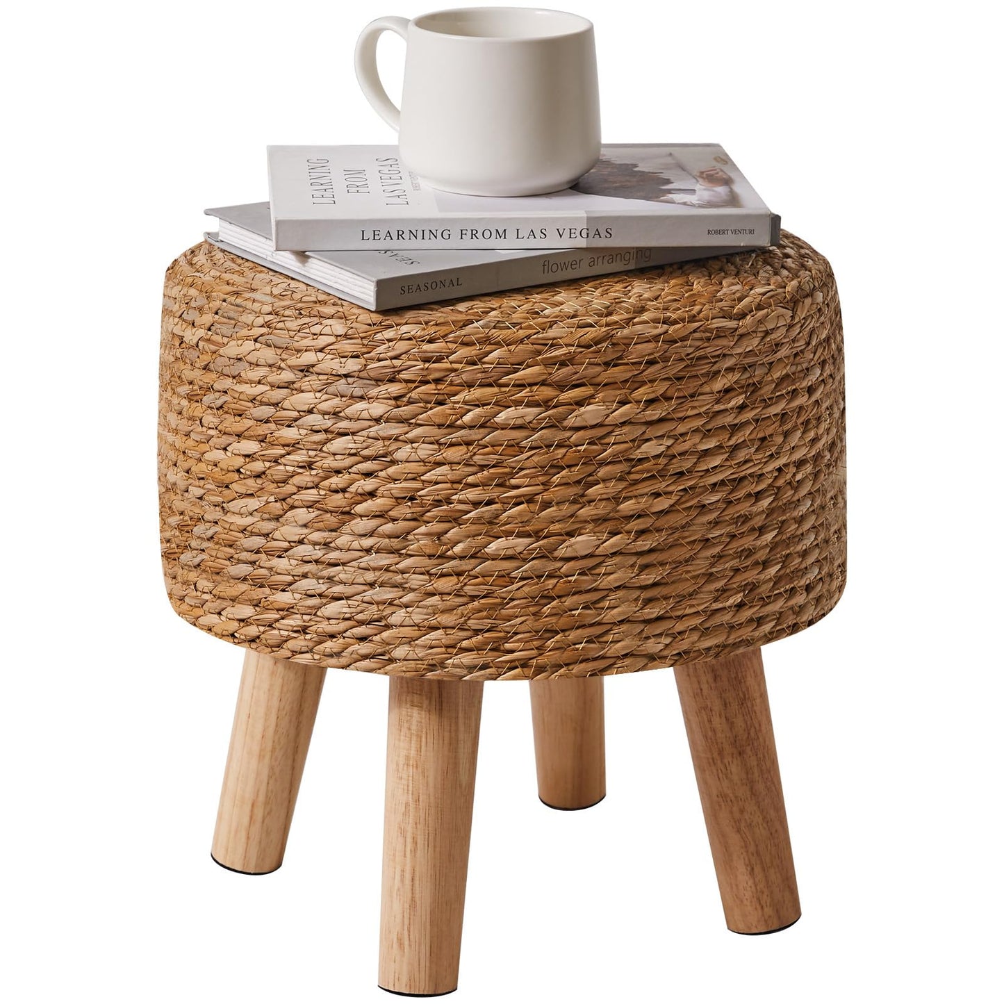 YMYNY Foot Stool Natural Seagrass Hand Weave, 12.6" Small Ottoman, Round Footrest for Living Room, Bedroom, Entryway, Change Shoes Stool, Non-Skid Wood Legs, Boho, Natural, UHBD027N