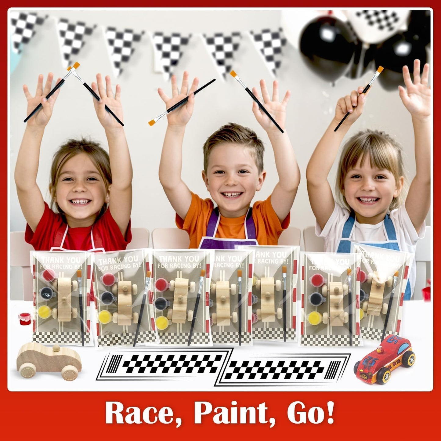 Racecar Painting Party Favors Kit - 12 Unfinished Wooden Cars, Acrylic Paints, Brushes, Thank You Cards, Perfect for Racing-Themed Birthday & Two Fast Theme Party Supplies