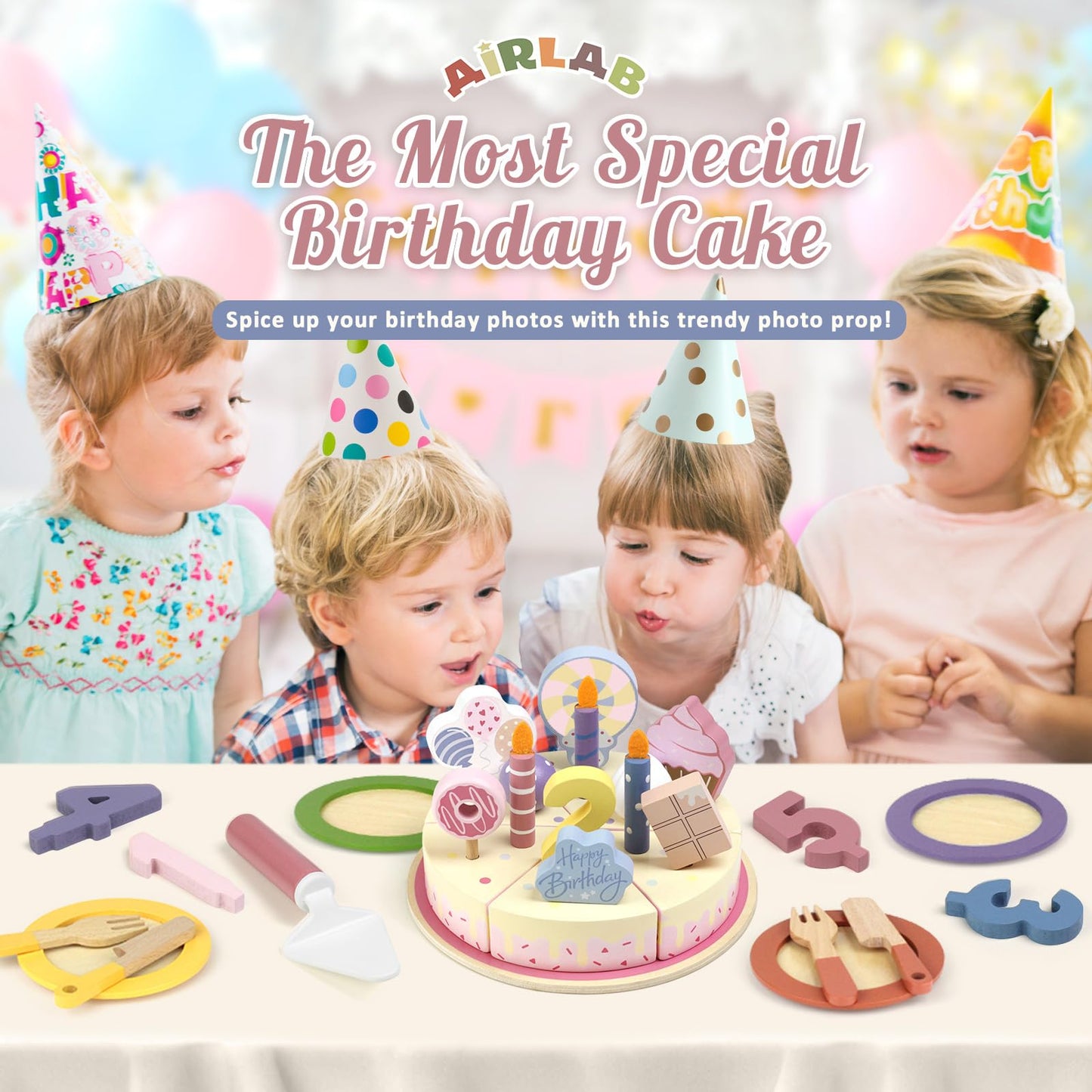 Airlab Wooden Birthday Party Cake Play Food Sets for Toddler 2 3 4 5 Year Old Girls Boys Kids Kitchen Accessories Pretend Play Toy Gift Educational Toys