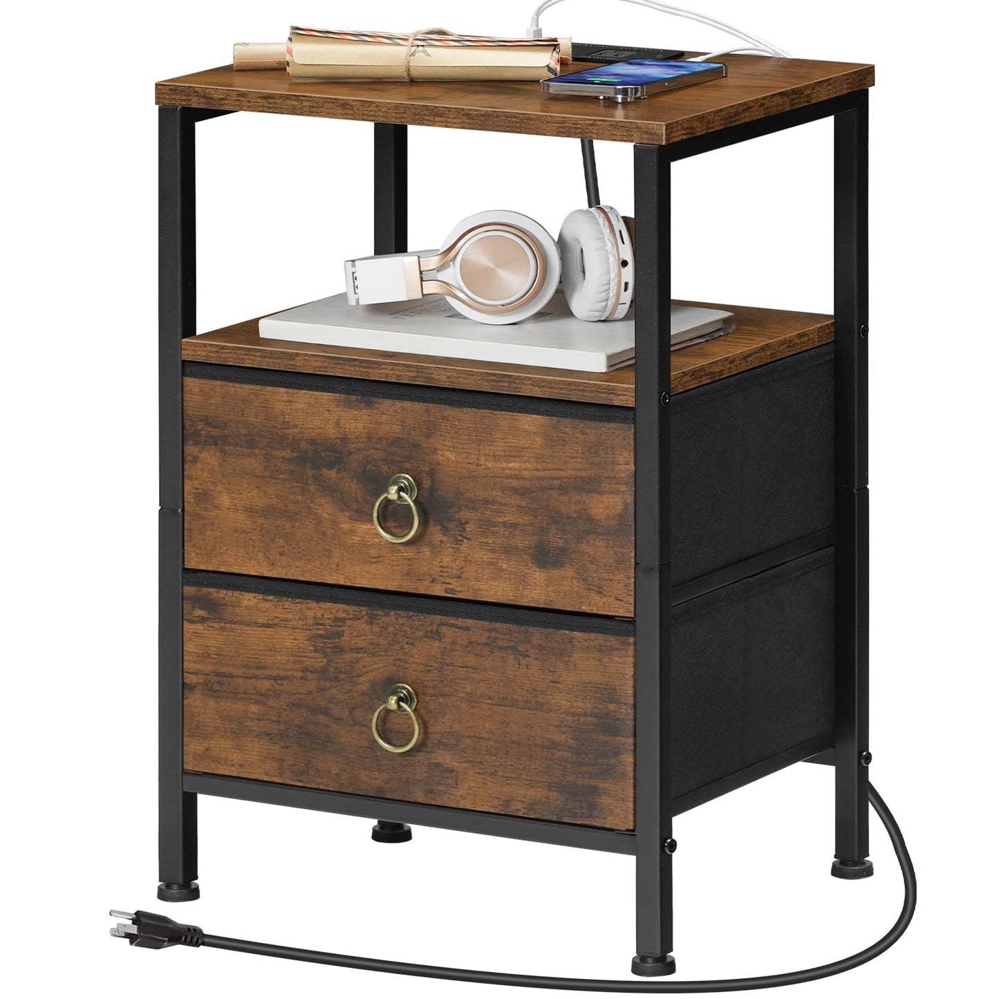HOOBRO Nightstand with Charging Station, Bedside Table with 2 Fabric Drawers, Side Table with Outlet and USB Ports, EndTable with Open and Hidden Storage, Rustic Brown BF110UBZ01