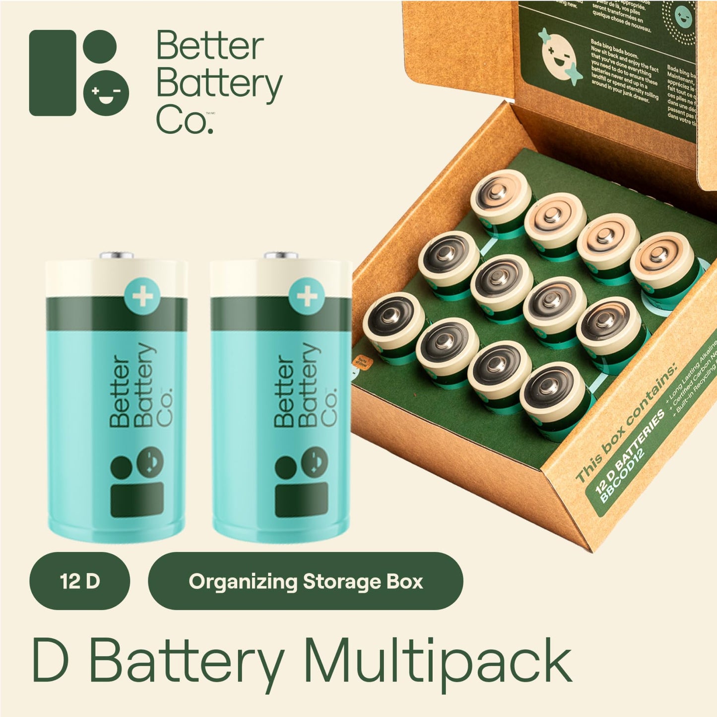 Better Battery Alkaline D Batteries - Long Lasting Performance Carbon Neutral Batteries with Storage Box and Recycling Program – 12 Pack