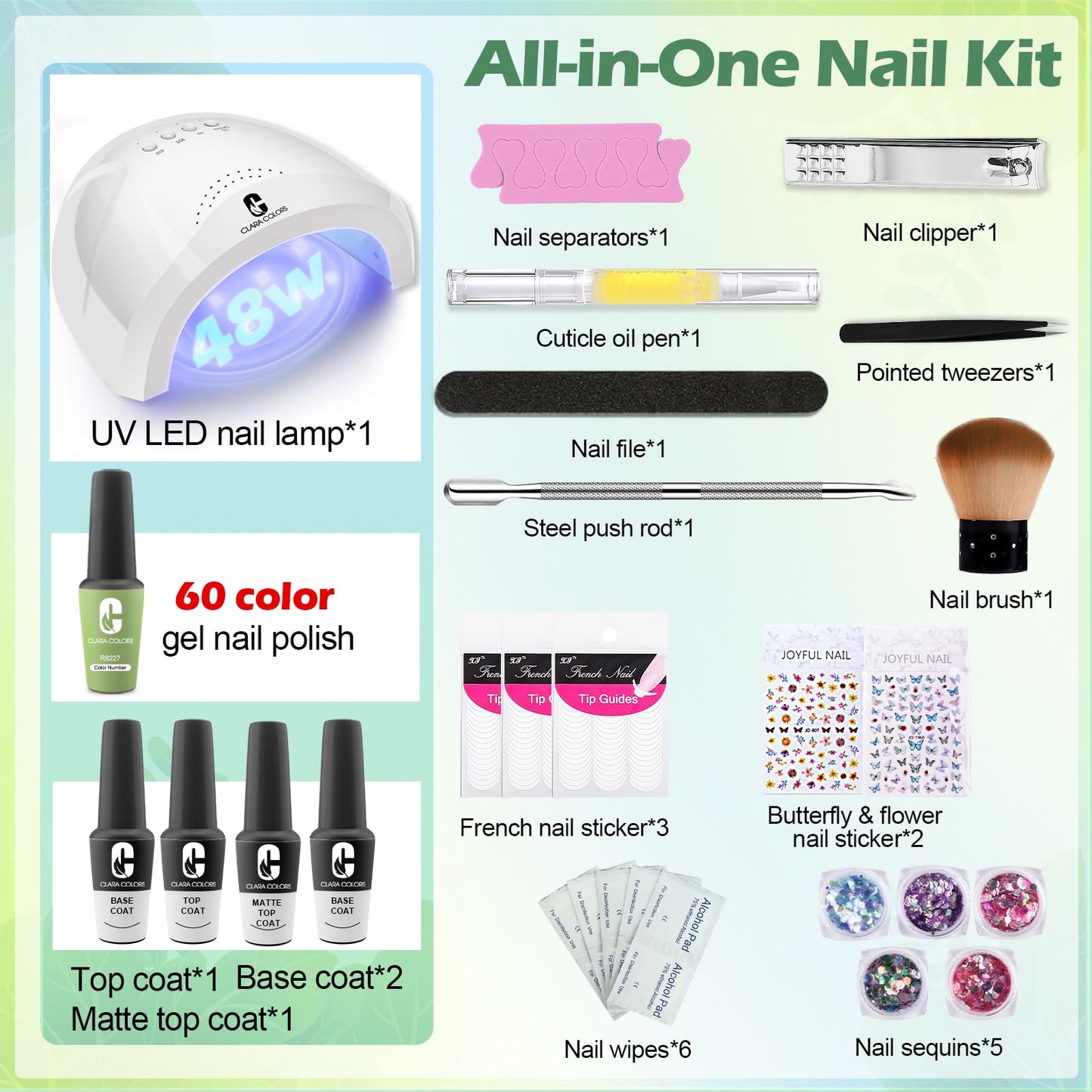 Clara Colors 64 Pcs Gel Nail Polish Kit with UV Light Nail Kit with Base Top Coat Brush Saver for Starter 60 Colors All Seasons Nude Pink Blue Green Red Soak Off Gel Polish Nail Set Nails Art DIY Gifts for Women