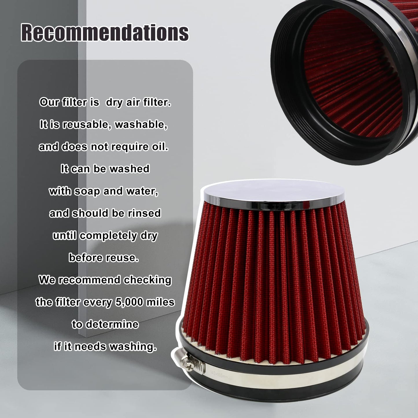 RYANSTAR RACING Tapered Cone Closed-Top Washable Clamp-On Dry Air Filter Short 155mm 152mm 6" High Flow Round