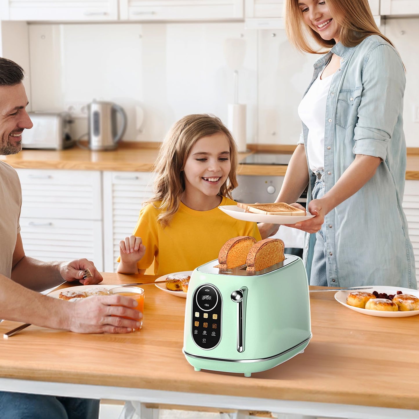 Keenstone Smart Touch Screen Toaster 2 Slice, Retro Wide Slot Stainless Steel Toaster with 6 Browning Levels, Reheat & Defrost, for Bagel, Toast, Bread, Removable Crumb Tray, Green