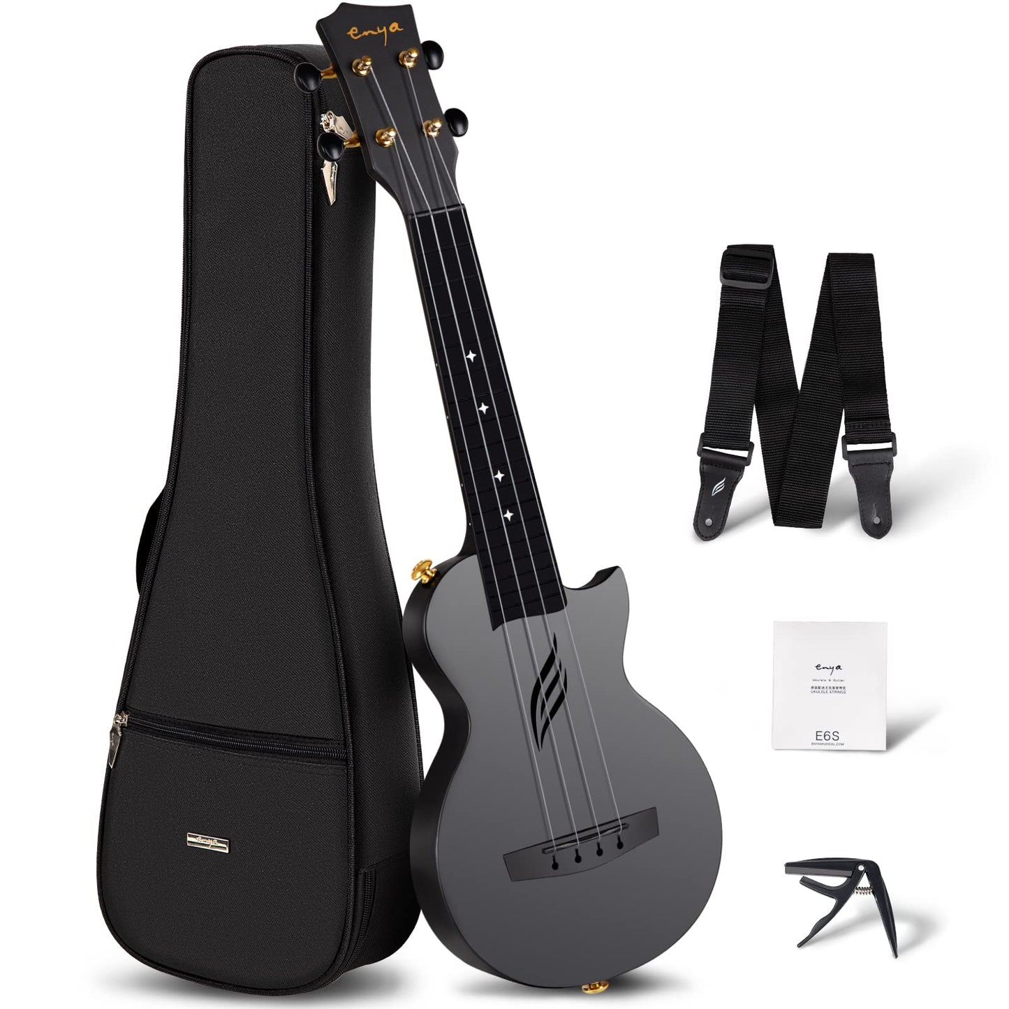 Enya Soprano Ukulele Carbon Fiber Nova U Mini 21" - Waterproof Ultra Portable Travel Ukulele with Case, Strap, Capo & Strings - Beginner Kit for All Weather Performance (Black)