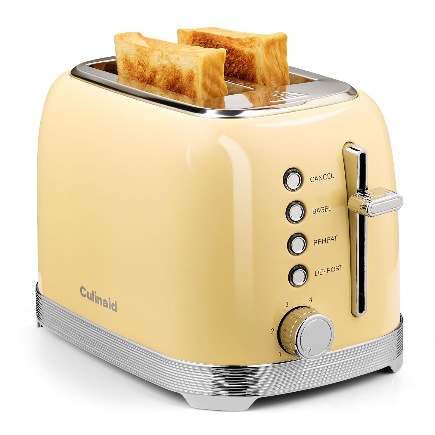 Culinaid 2 Slice Toaster Retro Stainless Steel with 1.5” Extra Wide Slots Bagel, Defrost, Reheat, Cancel Function, 6 Bread Shade Settings, Removable Crumb Tray, Yellow