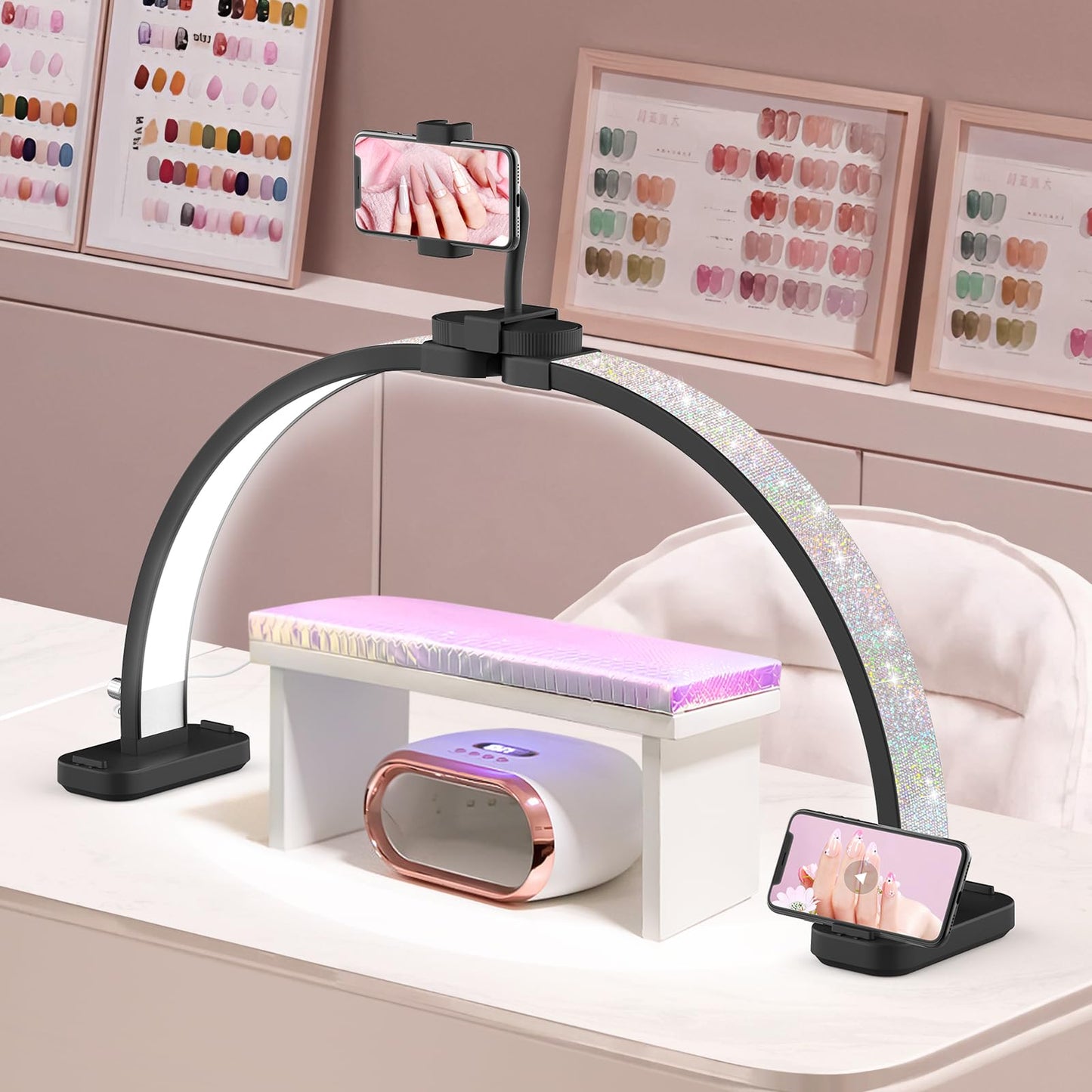Half Moon Manicure Table Light: 31-inch Half Moon Light for Nail Desk with Phone Holder - AB Crystal Nail Tech Lamp for Beginner DIY - 48W Professional Nails Bright Desk Lamp for Salon,Lash,Tattoo