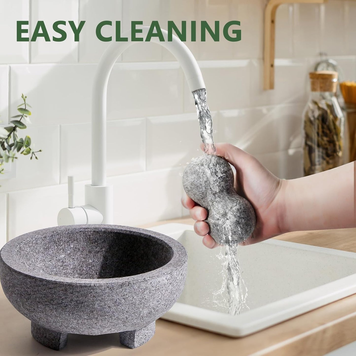 Luvan Large Mortar and Pestle Set 8 Inch Unpolished Granite Non-Slip Base Stone Grinder Molcajete Mexicano Bowl for Guacamole Salsa Spices Pesto, Durable and Easy to Clean