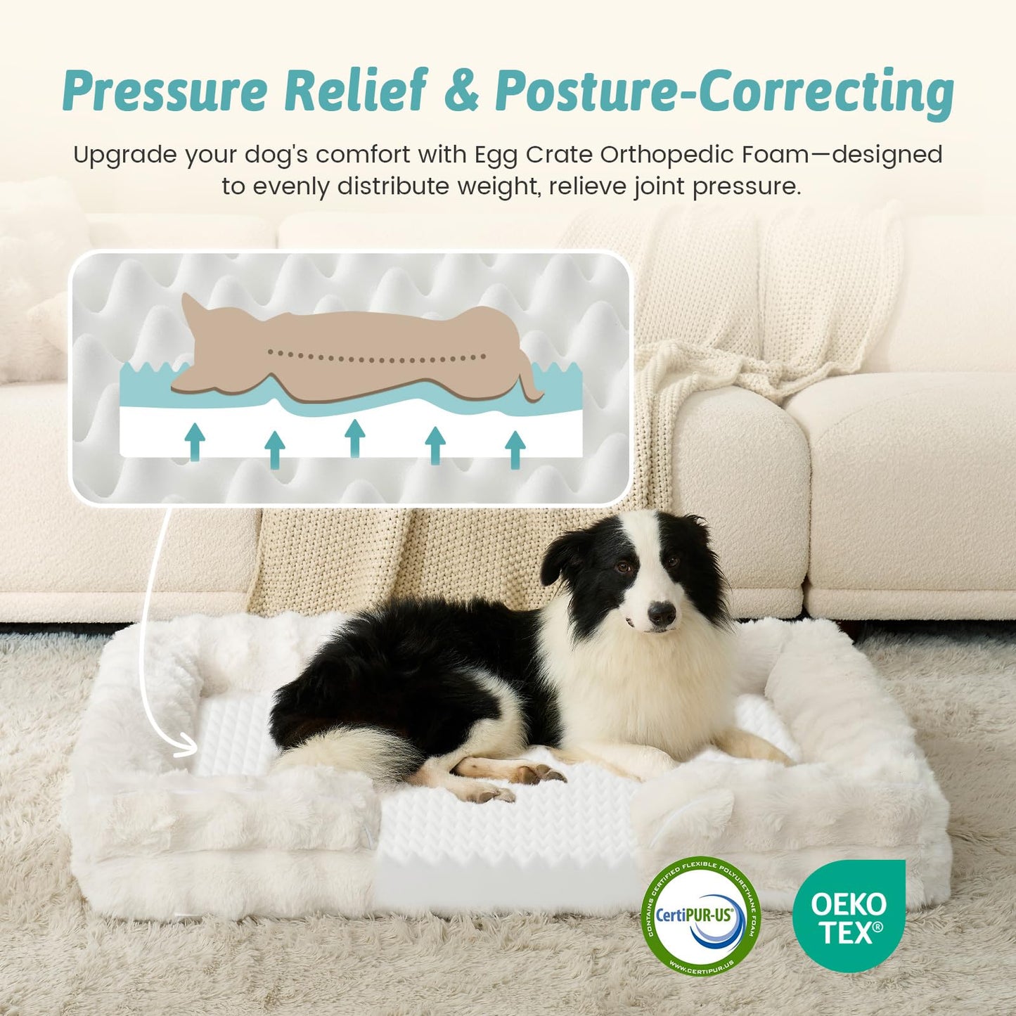 COZY KISS Orthopedic Dog Bed for Medium Small Size Dog, Soft and Warm Faux Fur Sofa for Pet Up to 40 lbs, Foam Bolster Anti-Slip Couch with Washable Removable Cover, M 30x20x6.5 inch, Beige