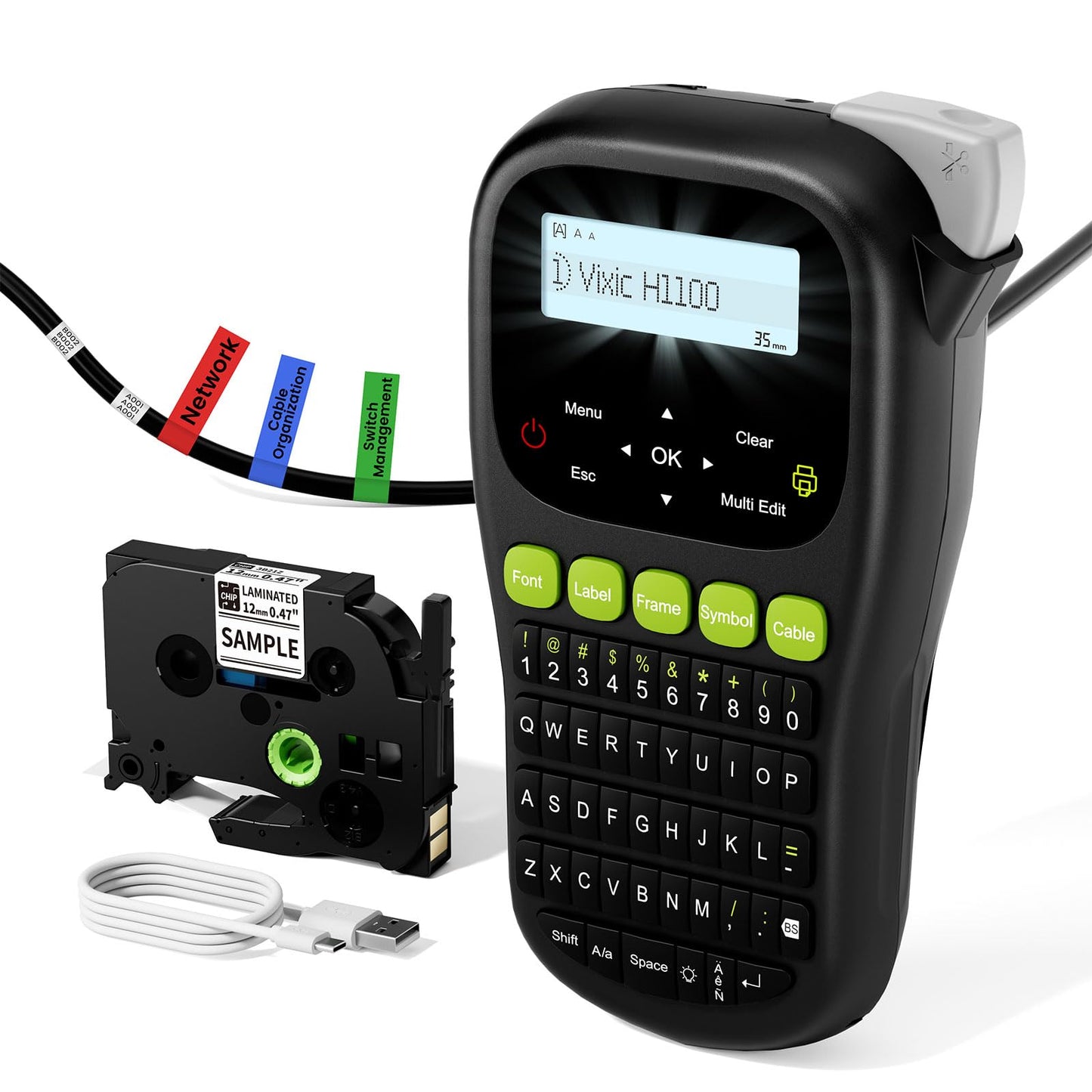 Vixic Label Maker Machine, H1100 Label Maker with Backlit LCD Screen, Portable Labeling Machine Waterproof-Labels Handheld Label Makers with Keyboard, Industrial Labeler for Cable Wire Network