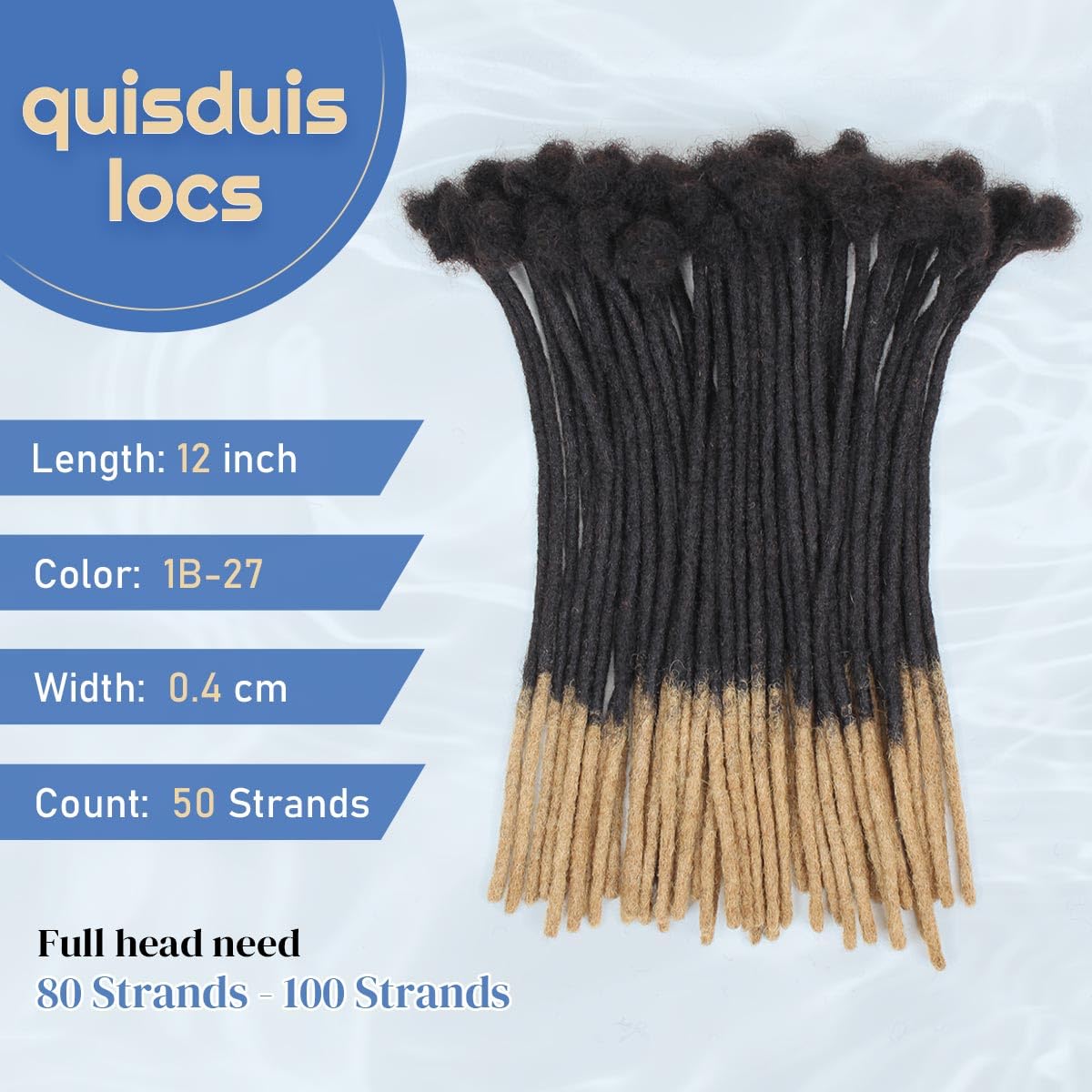 QUISDUIS 12 inch Loc Extensions Human Hair, 50 Strands Permanent Dreadlock Extension Human Hair 0.4cm Width 100% Full Handmade Dreads Can Be Dyed and Bleached Curled dreads extensions