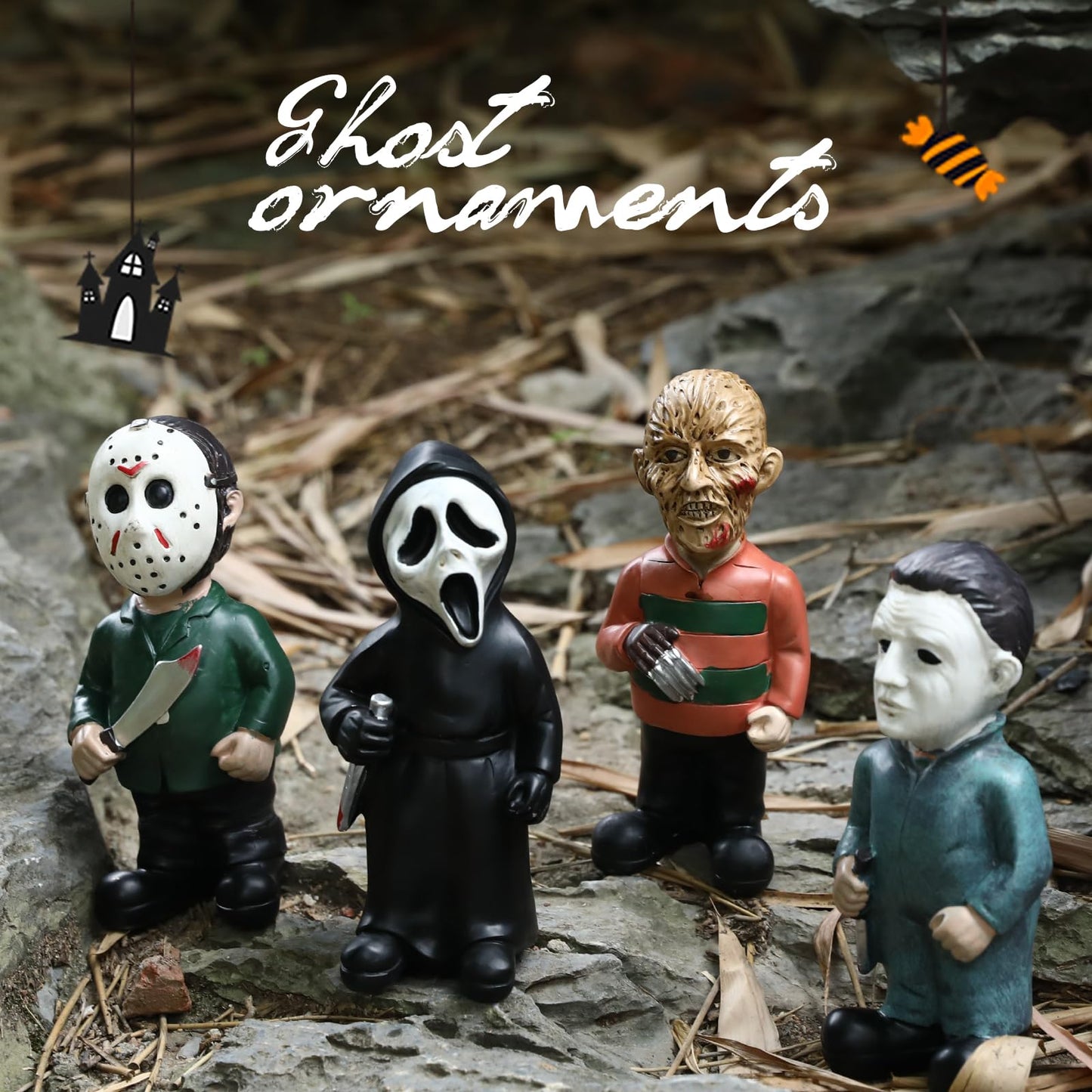 Homelex Horror Movie Garden Gnomes Decoration Set Michael Myers Freddy Jason Scary Gnomes Figurine for Halloween Statues
