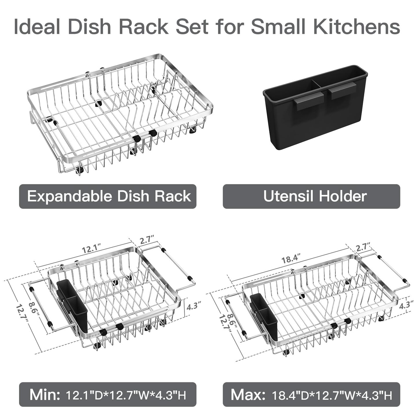 MAJALiS Dish Drying Rack in Sink, Expandable Stainless Steel Over Sink Dish Rack, Adjustable Capacity Dish Strainers for Kitchen Sink Counter with Utensil Holder, Silver