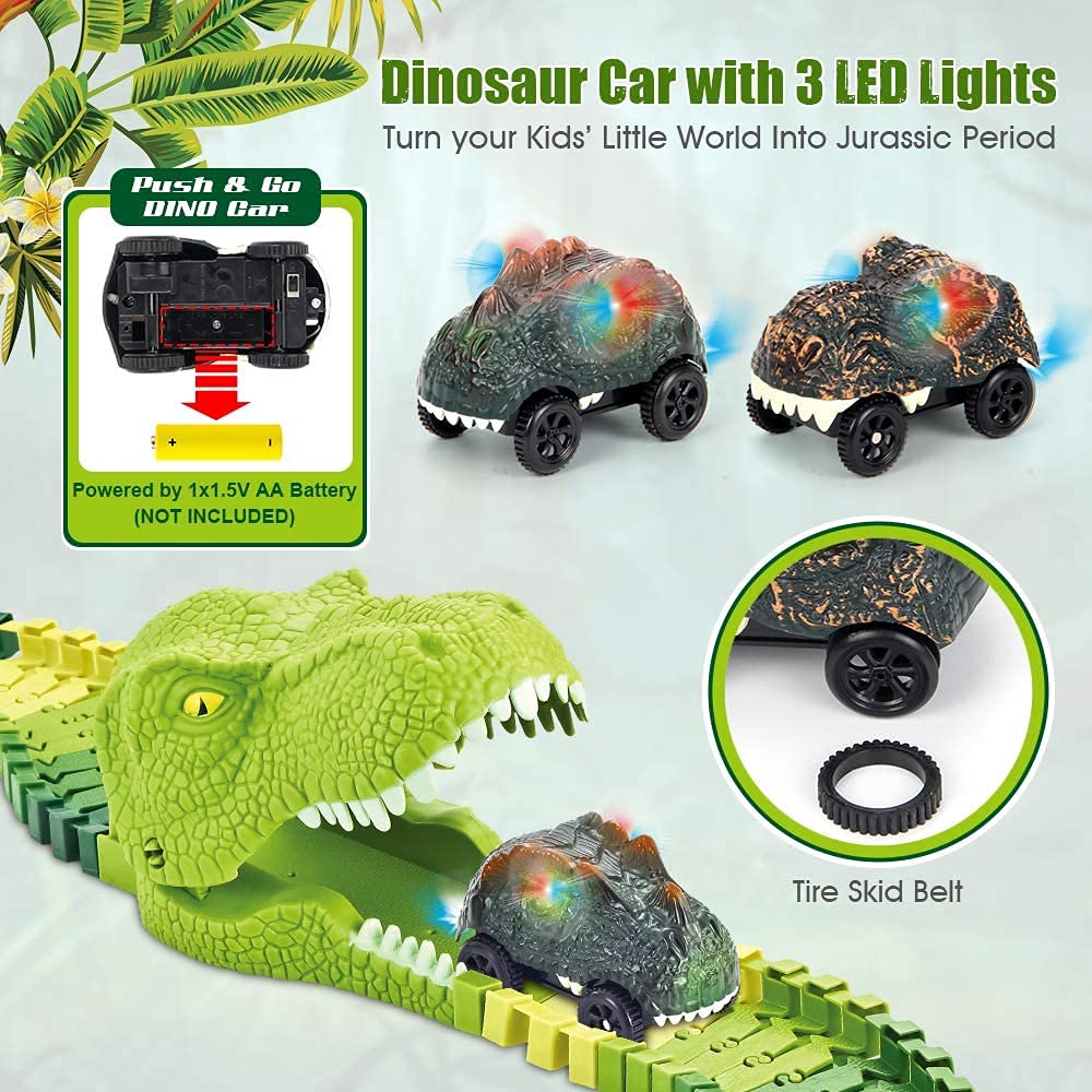 174 PCS Dinosaur Toys Race Track, Flexible Train Tracks with 8 Dinosaurs Figures, 2 Electric Race Cars Vehicle Playset with Lights to Create A Dinosaur World Road Race for Toddlers Kids Boys Girls