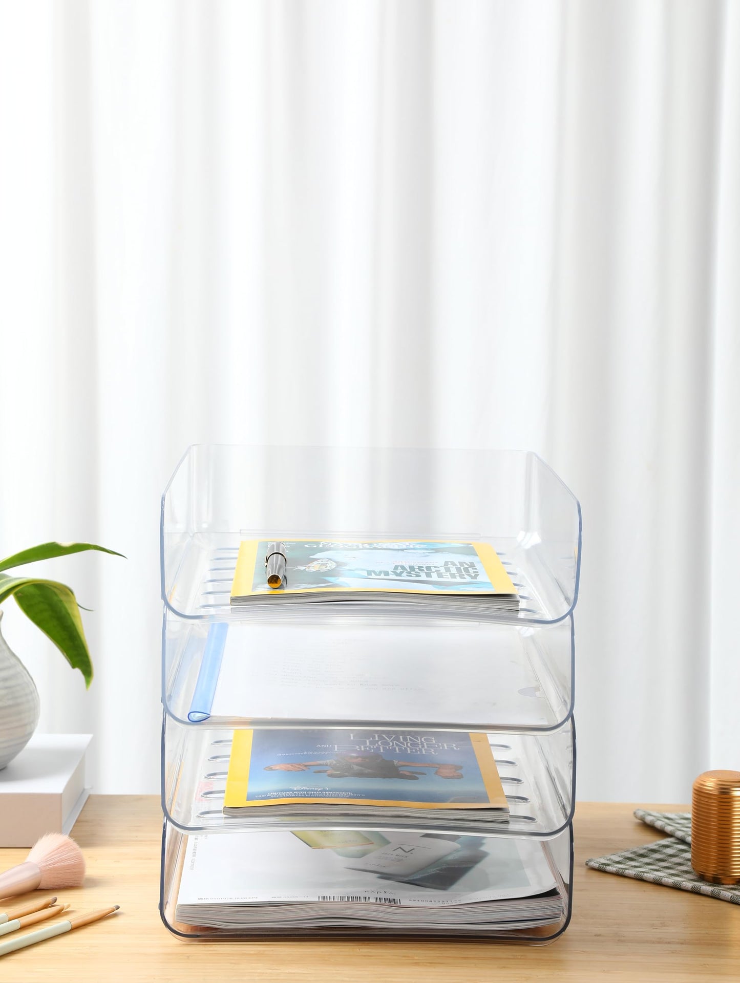 HKeeper 4 Tiers Stackable Desk Organizer,Letter Tray Organizer,A4 Paper Holder Holder,Desktop Book Magazine File Supplies Organizer,Perfect Office Manager(Portrait,Clear 4pcs/Set)