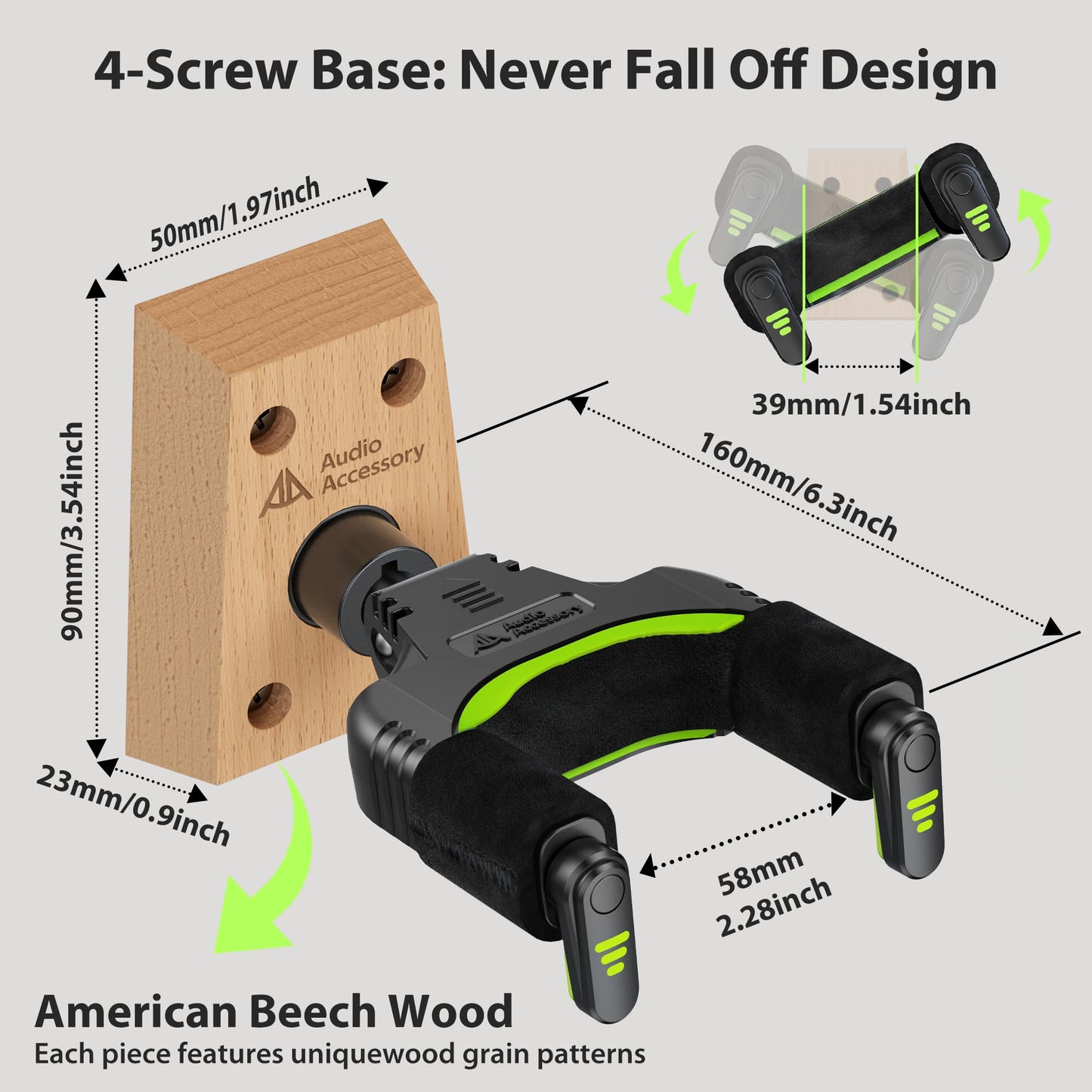 AA AUDIO ACCESSORY Guitar Wall Mount Autolock - Nitro Friendly Velvet Hook (Heavy-Duty Design) 4-Screw Wood Base of 20lbs Load Guitar Wall Hanger for Bass, Acoustic, Classical, Electric Guitar