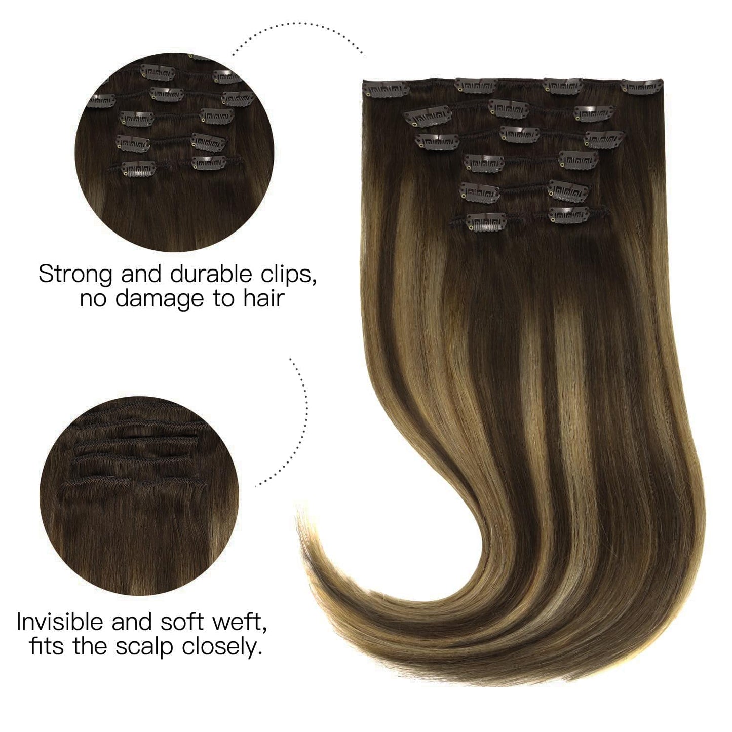 HOTBANANA Human Hair Clip in Hair Extensions, Balayage Chocolate Brown Mixed Caramel Blonde 120g Clip in Hair Extensions Real Human Hair Straight Remy Hair Clip Ins Dark Roots Ombre 22 Inch 7pcs