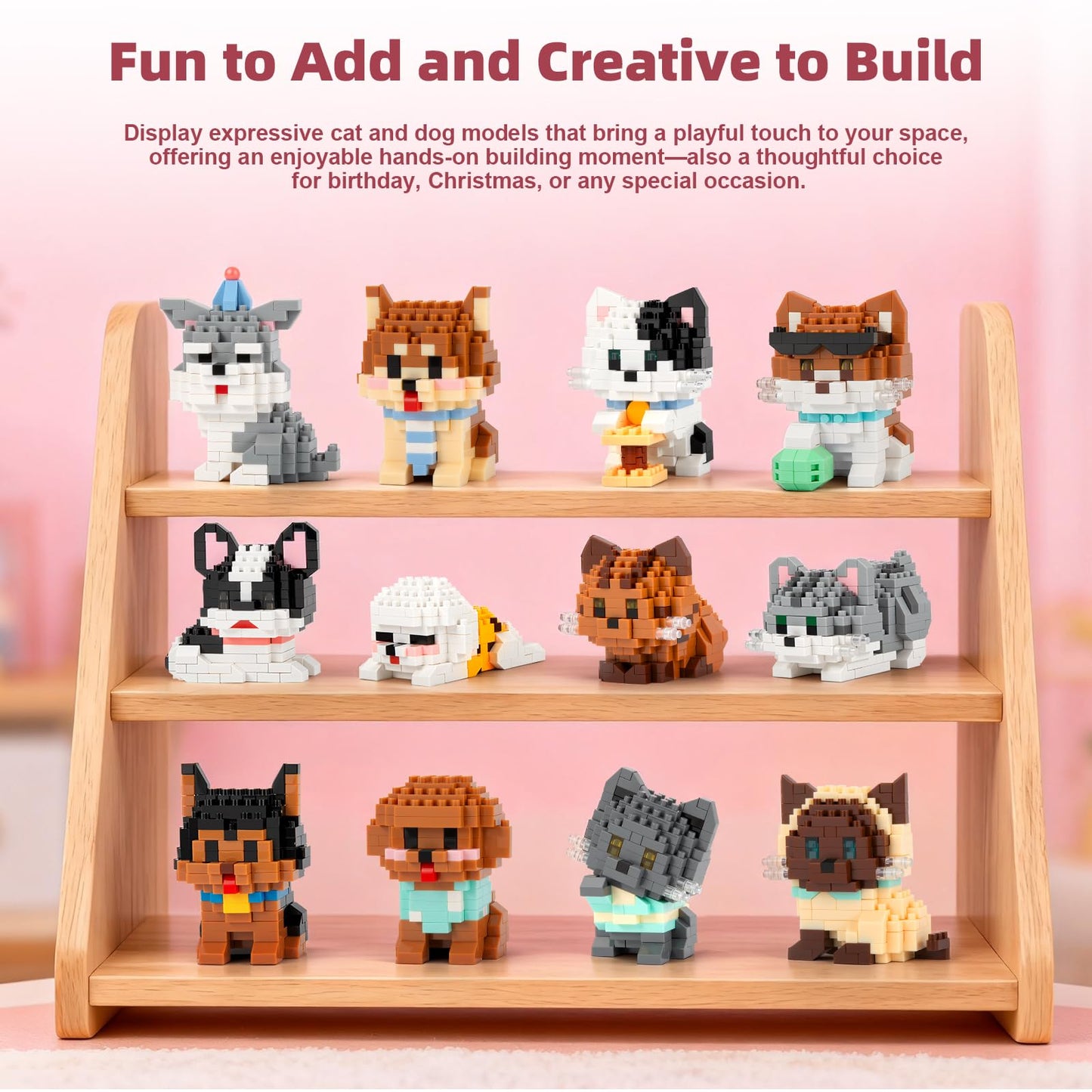 IBLOTIME Party Favors Micro Animal Building Sets Easter 12 Mini Cat Dog Figures 2189 PCS Micro Bricks Creative Building Kit Display Gift Christmas Birthday Ages 14+