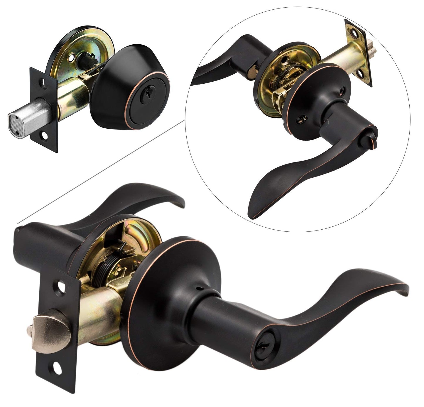 Berlin Modisch Entrance Lever Door Handle (for Office and Front Door) Reversible for Right and Left Side and a Single Cylinder deadbolt Set Keyed Alike Combo Pack