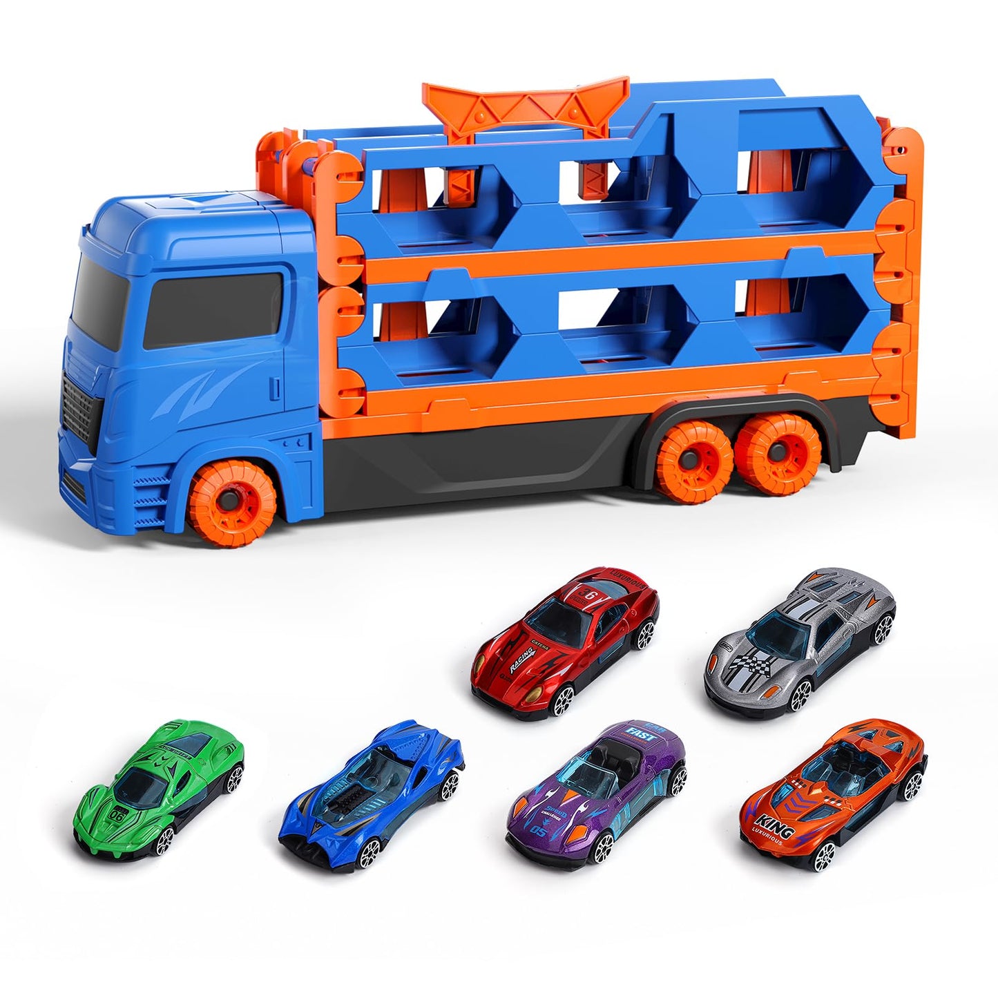 Toddler Toys for 3 4 5 6 Years Old Boys, Die-Cast Transport Truck Car Toys 61-Inch Race Track for Boys Kids, Toddler Car Toys Set for Kids Boy Girls
