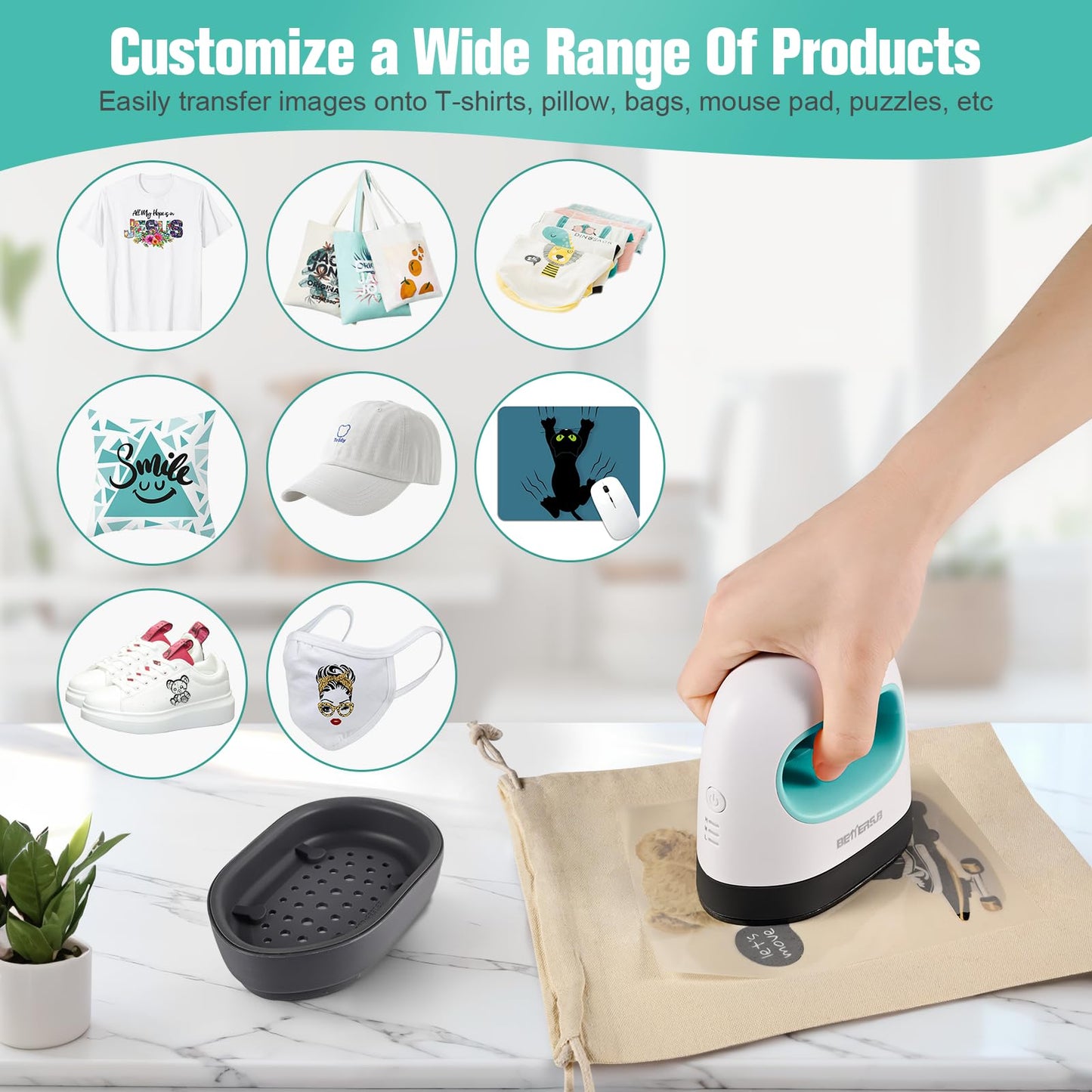 BetterSub Mini Heat Press Machine, Small Heat Press Portable Iron Press Machine, Sublimation and HTV Vinyl Shirt Press Machine for Hat, Bags, Heating Transfer Small Projects (Teal)