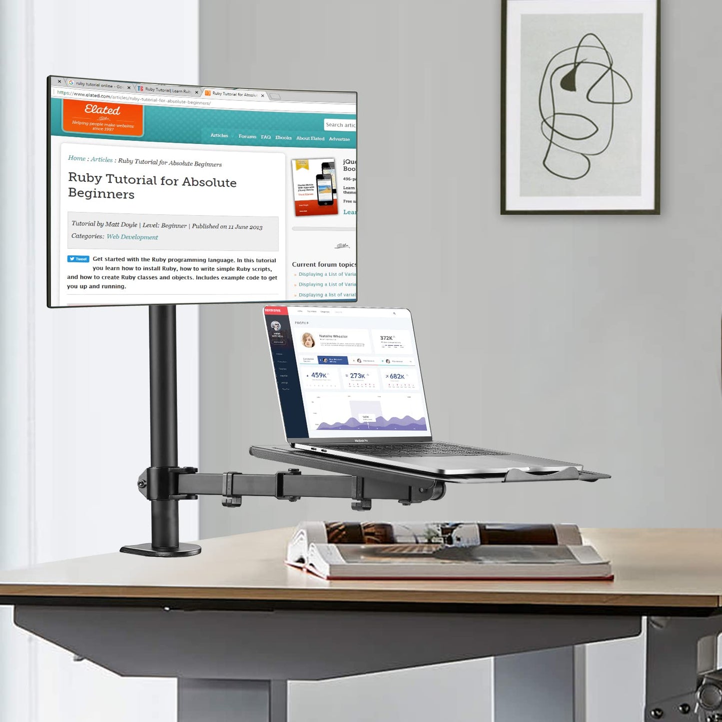 Suptek Monitor and Laptop Mount Holds 13-32 inch Computer Screen,Adjustable Monitor Arm Stand with Laptop Tray for 13-27 inch,Hold 22 lbs, with Clamp and Grommet Mounting Base