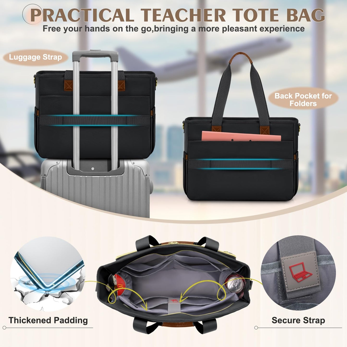SDYSM Teacher Tote Bag 15.6 Inch Laptop Bag for Women Large Work Bag Teacher Nurse Bag Professional Computer Messenger Laptop Briefcase Handbag for Nursing, Office, College, Black