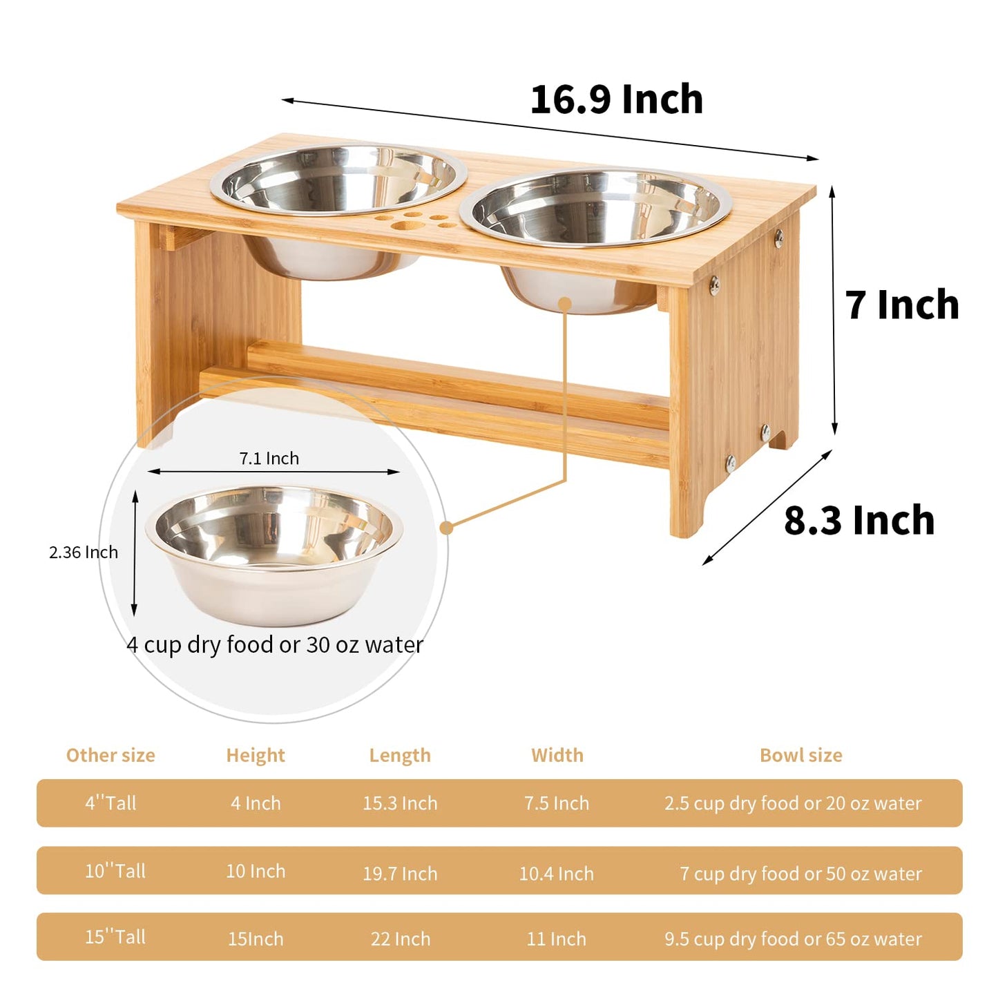 FOREYY Raised Pet Bowls for Cats and Small Dogs, Bamboo Elevated Dog Cat Food and Water Bowls Stand Feeder with 2 Stainless Steel Bowls and Anti Slip Feet (M(7''Tall-30 oz Bowl))