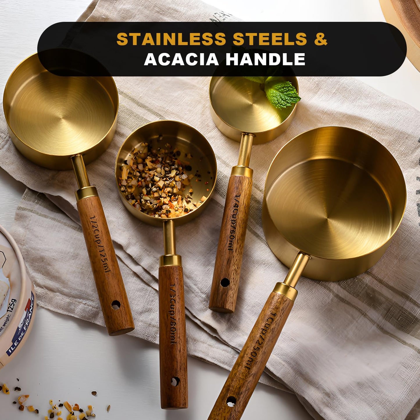 Gold Measuring Cups and Spoons Set with Wood Handles, Premium Stainless Steel Measuring Spoons and Measuring Cups Set 8 Pcs (Gold)