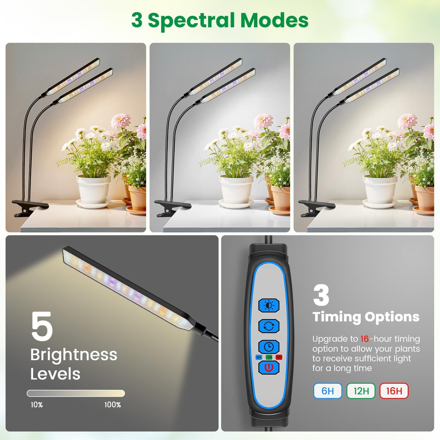 Aumtrly Grow Light Clip on 2 Pack, 228 LED Full Spectrum Plant Lights for Indoor Growing, 2 Head Black Arm Grow Lamp with Gooseneck, 6/12/16H Timer, 5 Dimming, 3 Light Modes