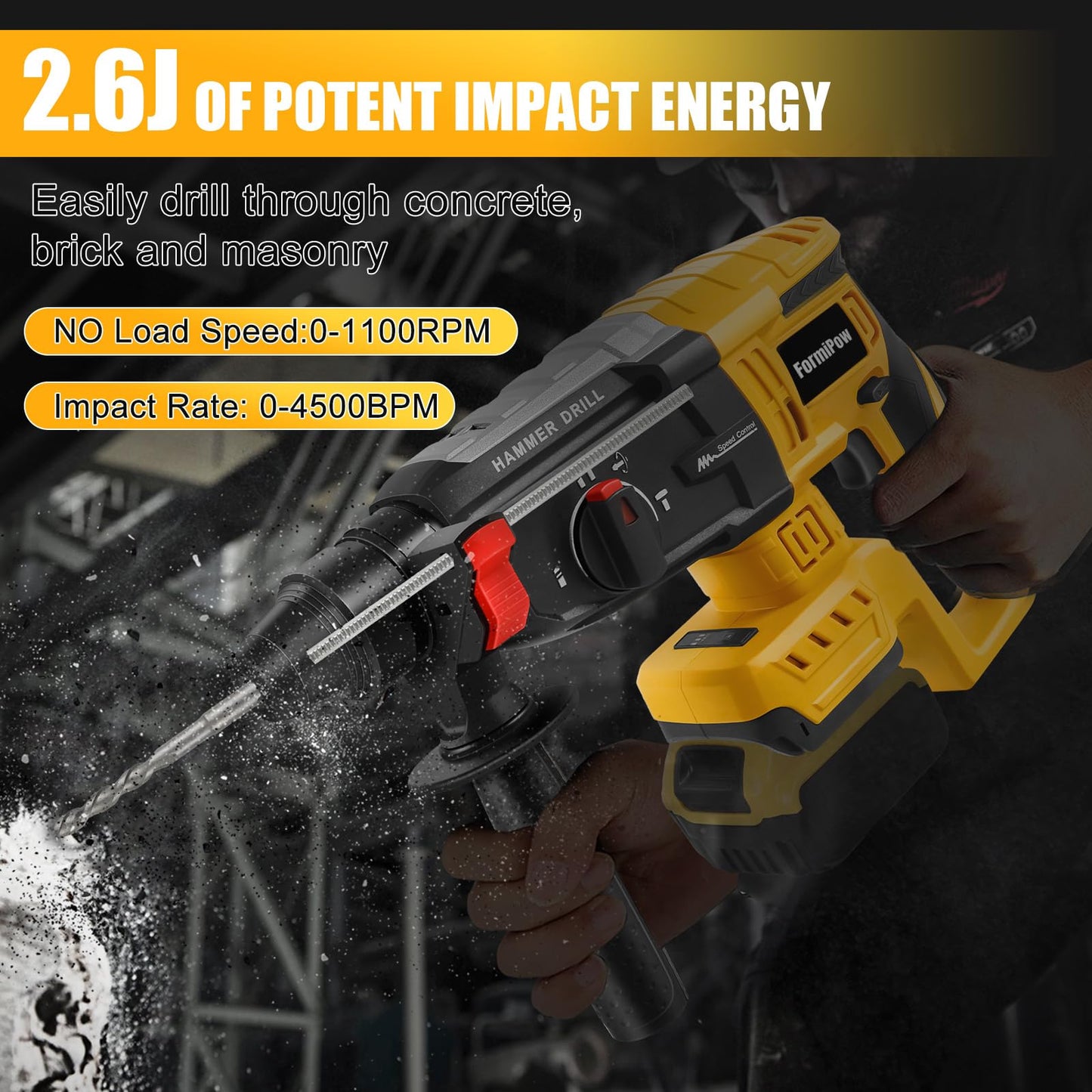 FormiPow SDS-Plus Rotary Hammer Drill for Dewalt 20V Battery, 2.6J Impact Brushless Hammer Drill with 4 Mode Operation, 360° Rotating Cordless Hammer Drills with 5 PCS Drill & Chisel Set (No Battery)
