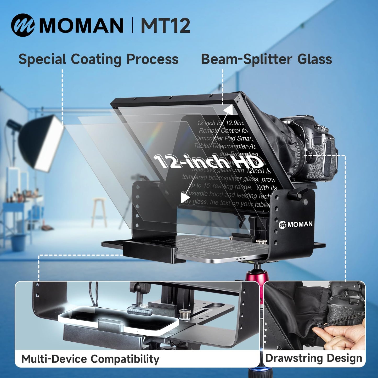 Moman Teleprompter, MT12 Metal Prompter Kit 12 inch for 12.9inch iPad Tablets with APP Remote Control for DSLR Camera Camcorder Smartphone Mobile, Tablet-Teleprompter-Autocue-Camera-Prompting