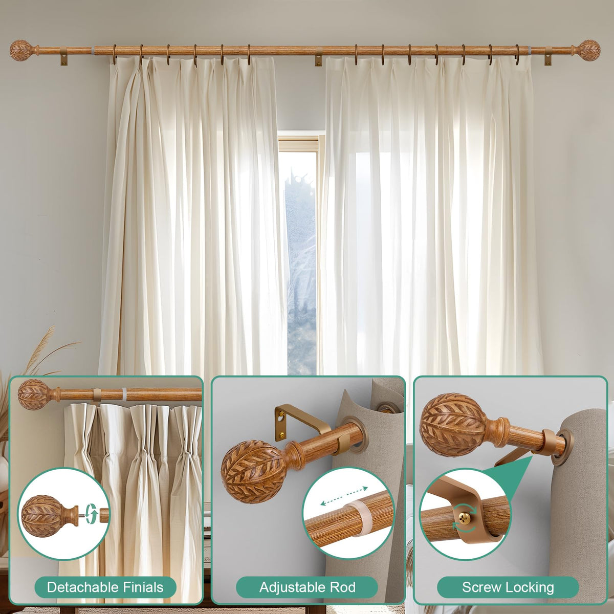 QDWIS Boho Natural Wood Curtain Rods for Windows 72 to 144 inch,1" Adjustable Heavy Duty Window Curtain Rod with Imitation Wood Grain Finials,Rustic Decorative Drapery Rods Set,Size:36-150''