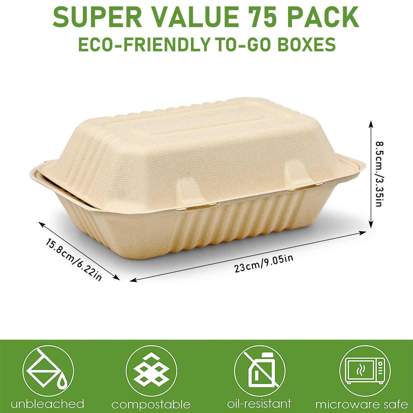 9 x 6 Clamshell Take Out Food Containers - 75 Pack Disposable To Go Containers, Compostable & Biodegradable Made of Sugar Cane Fibers