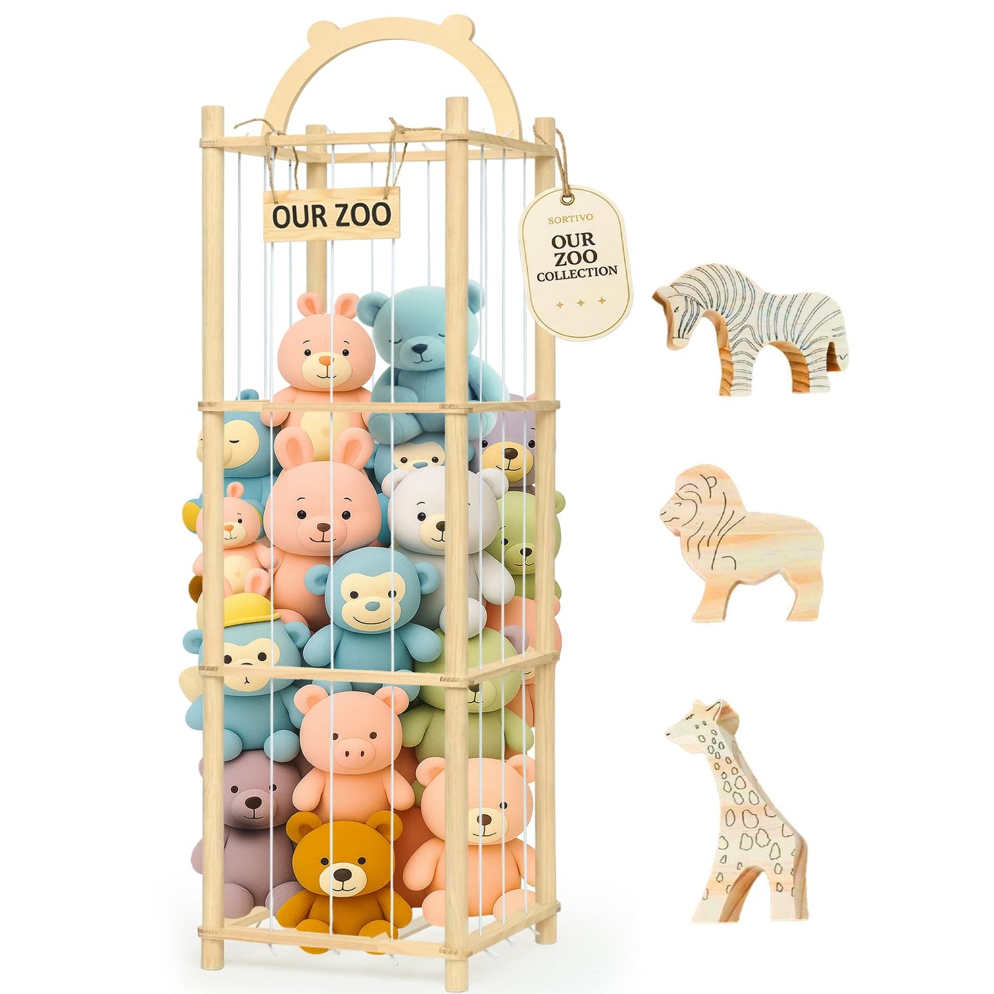 SORTIVO Wood Stuffed Animal Storage with 3 Animal Figurines Set, 60In Large Capacity Stuffy & Teddy Bear Storage Organizer for Playroom, Nursery, Bedroom & Kids Furniture