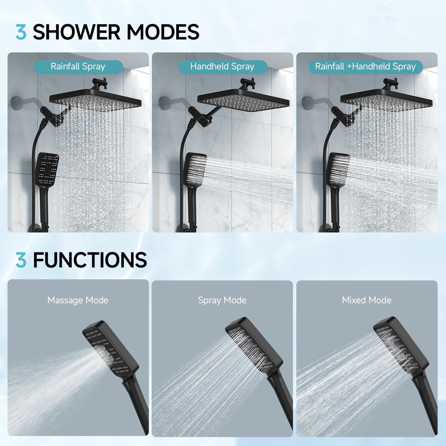 High Pressure Rain Shower Head with Handheld Spray Combo Set, Adjustable 12" Rainfall Dual Shower Head, Double&Tandem Shower Head, Waterfall Showerhead Bathroom -Matte Black