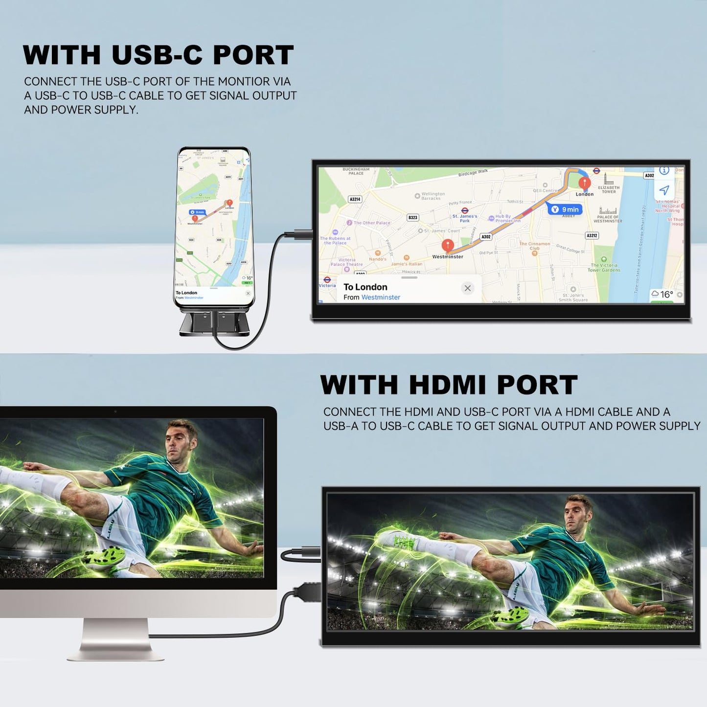 12.3 Inch Secondary Monitor, IPS Stretched Bar LCD Travel Display 1920 * 720 HDMI USBC, Mini Portable Monitor Metal Material for Laptop Computer Windows Aida64 GPU CPU RAM Monitoring,Built-in Speaker