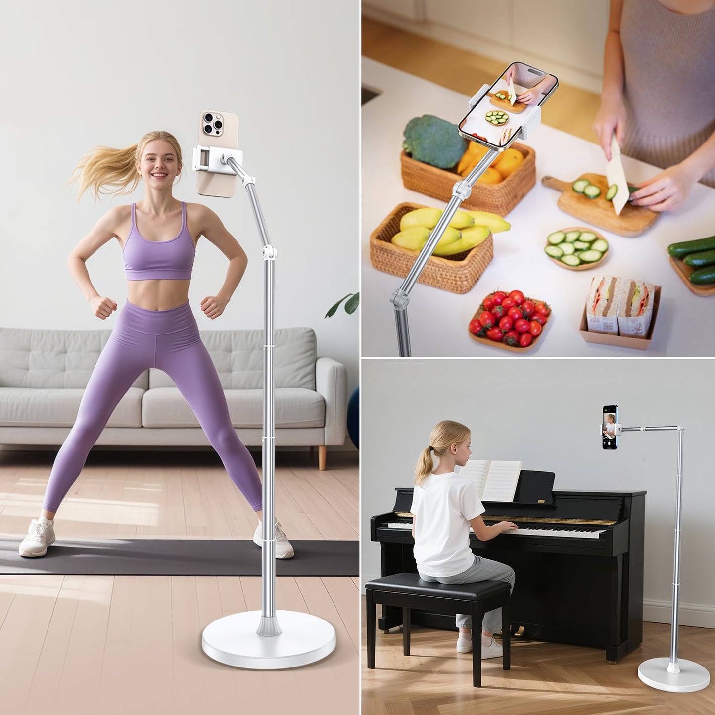 Overhead Phone Mount Floor Phone Holder Stand, Tripod for Recording Cooking Videos, Bedside Adjustable Arm Reading Stand, 360° Rotation Bed Phone Holder, Compatible with iPhone Samsung and More