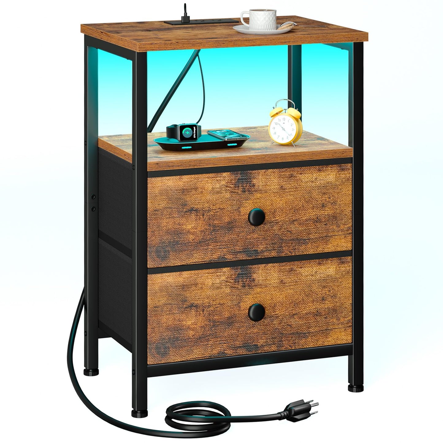LOAKEKEL Nightstand with Charging Station, End Table with 2 Fabric Drawers, LED Night Stand for Bedroom, Small Bed Side Table with USB Ports and Outlets for Living Room, Brown, HETS02BR-1