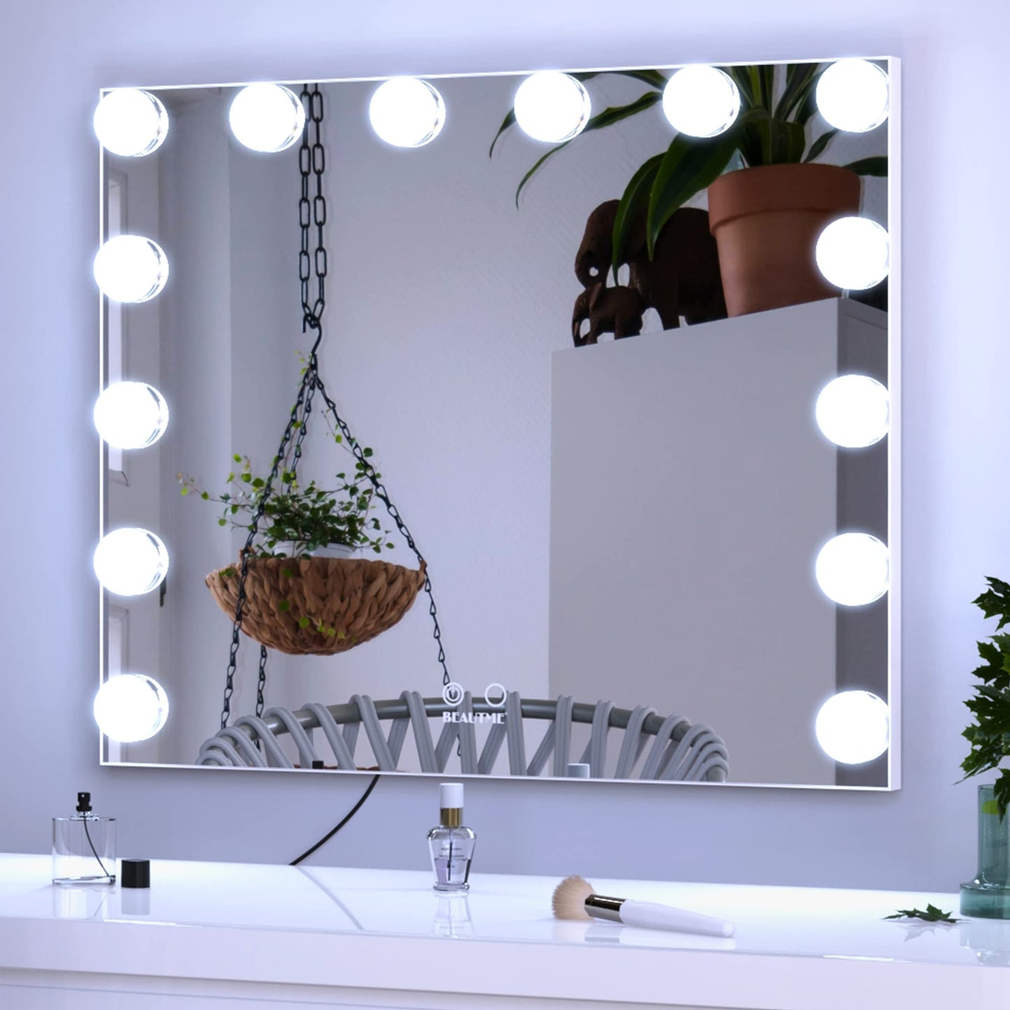 BEAUTME Vanity Mirror with Lights, 23.6" x 20" Large Makeup Mirror, Hollywood Mirror with 14 Dimmable Bulbs, 3 Color Modes & Adjustable Brightness, Detachable 10x Magnification