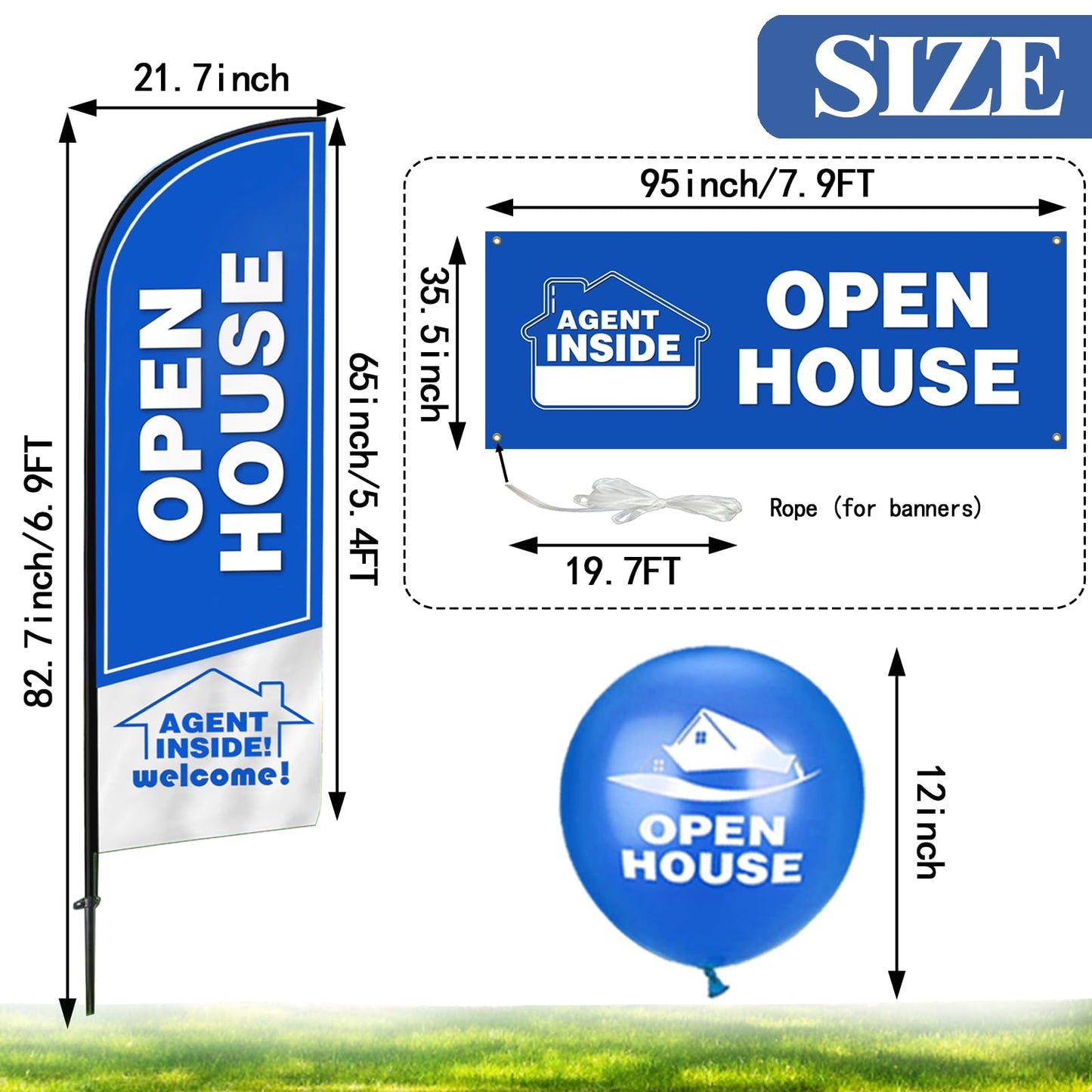Cevicant Open House Flags Kit: Light Blue, Aluminum & Polyester, Open House Signage Kit, Sign, Attention-Grabbing, Festive, Real Estate, 8ft x 96in Banner, 30 Balloons