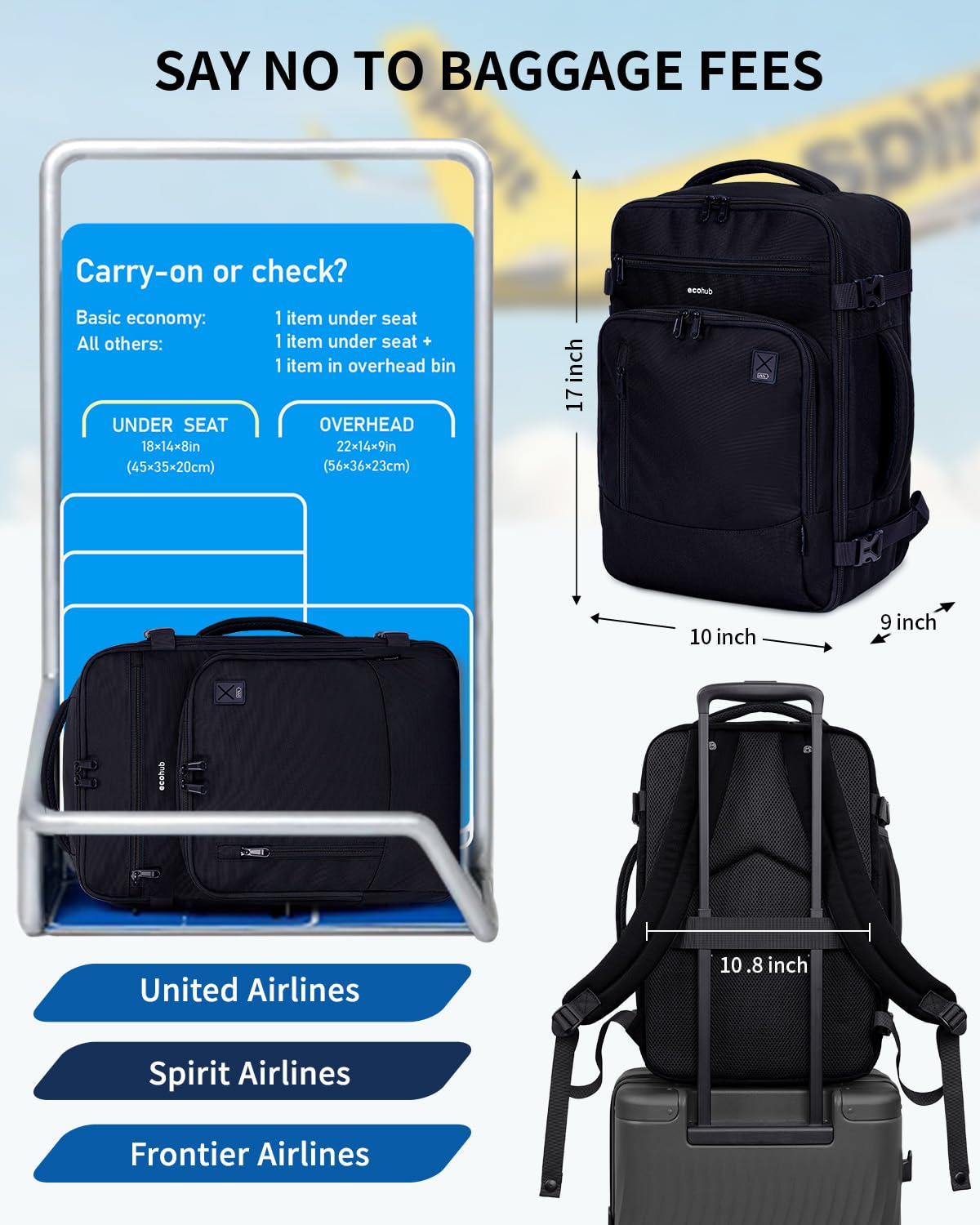 ECOHUB 17" Travel Backpack for Men, 25L Carry on Luggage for Airplanes, Personal Item Bag with 16 Pockets, Water Resistant Rucksacks Fit 15.6" Laptop, Casual Daypack, Black